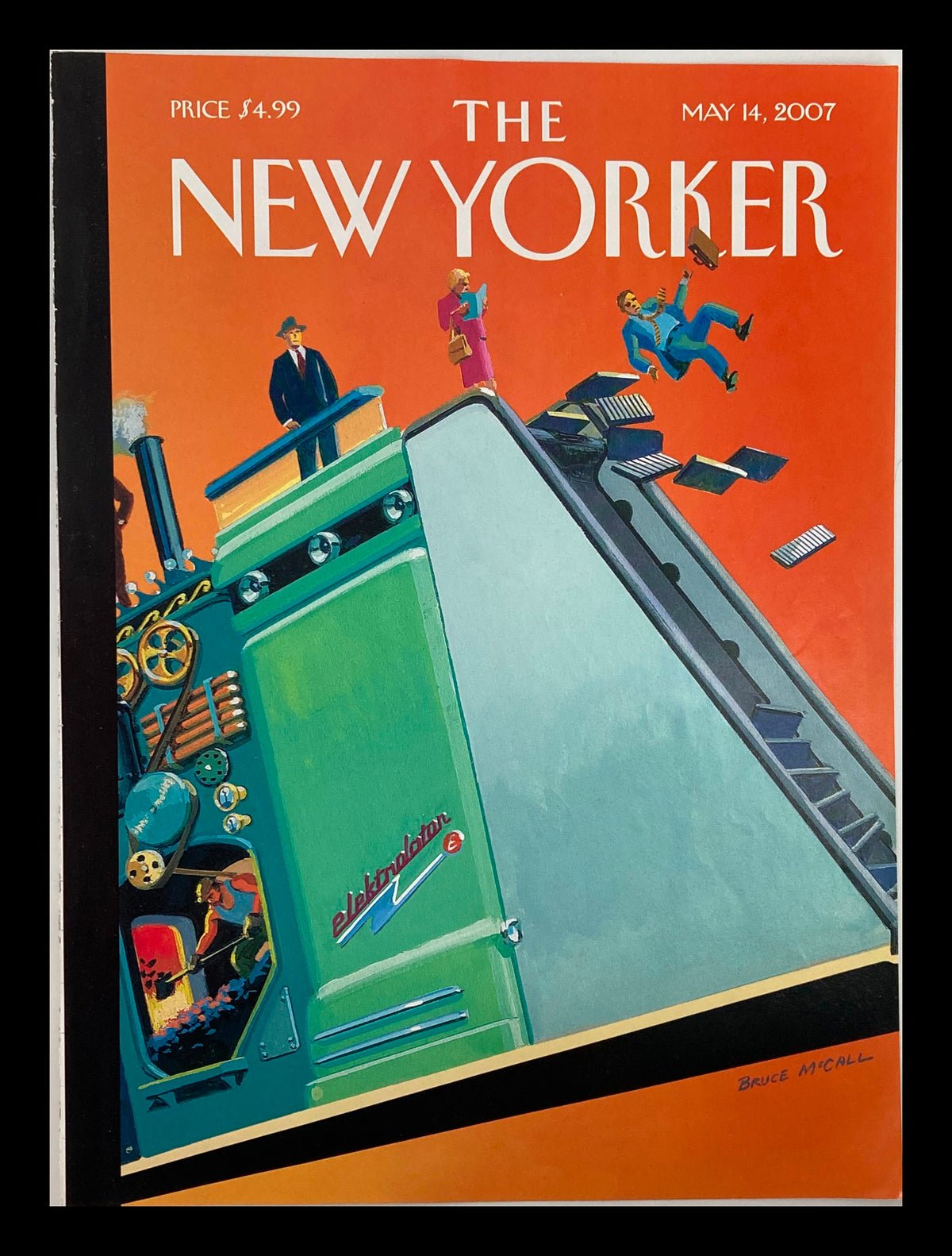 Cover of The New Yorker May 14 2007 titled 'The Descent of Men' by Bruce McCall, featuring vibrant colors and humorous depiction of societal themes.