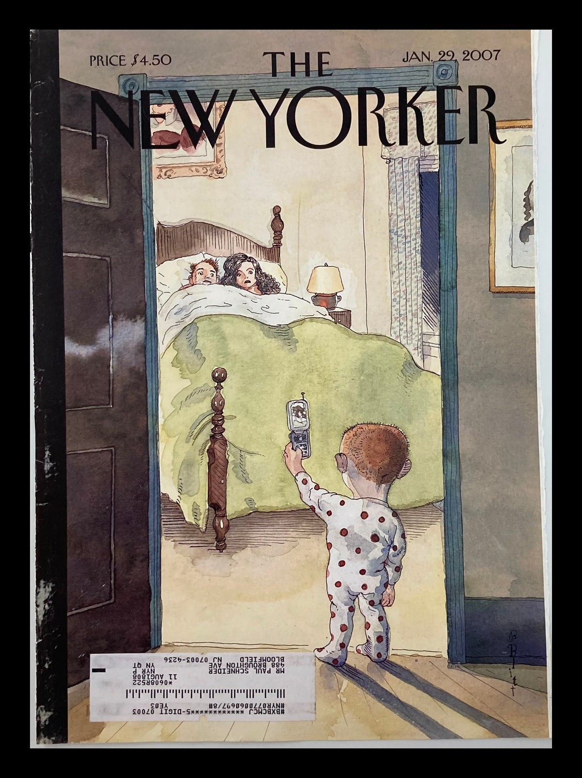 Cover of The New Yorker January 29 2007 titled 'Phone Home' by Barry Blitt, featuring a child in polka dot pajamas holding a phone, standing at the bedroom door.