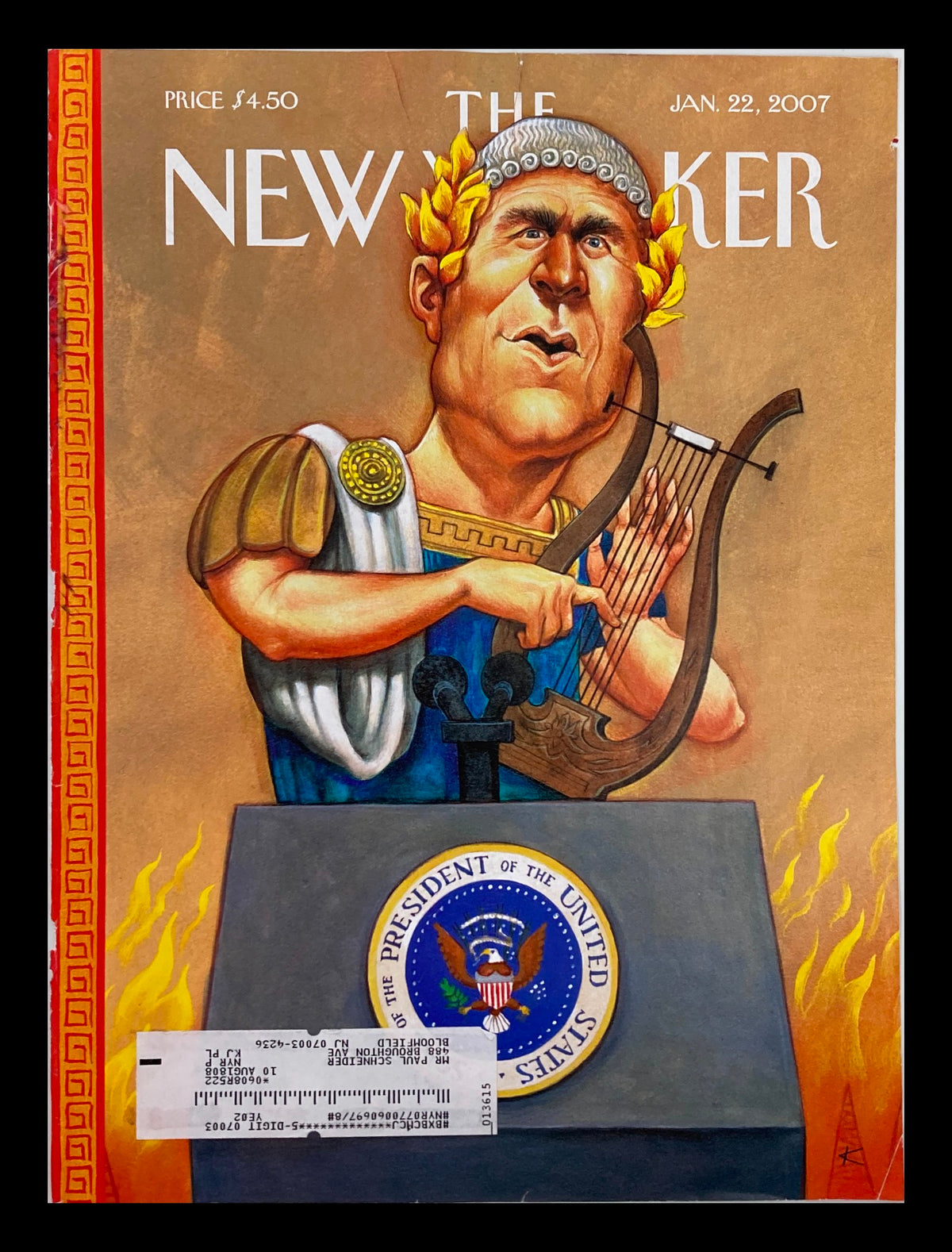 COVER ONLY The New Yorker January 22 2007 While Rome Burns by Anita Kunz, featuring a caricature of a Roman leader with flames in the background, symbolizing urgency and satire in contemporary issues.