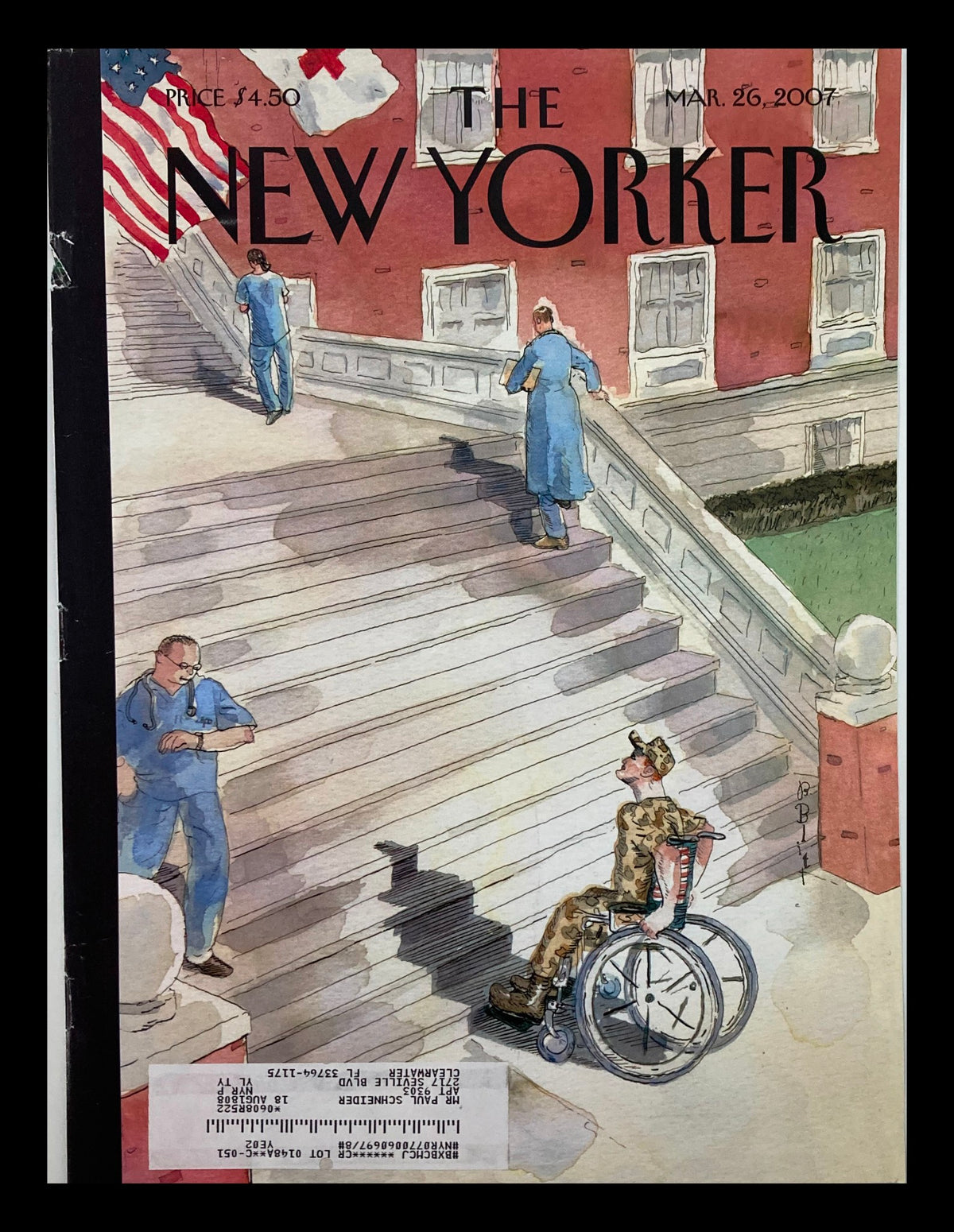 Cover of The New Yorker dated March 26, 2007, titled 'Uphill Battle' by Barry Blitt, featuring illustrations of a wheelchair-bound soldier and figures ascending stairs.