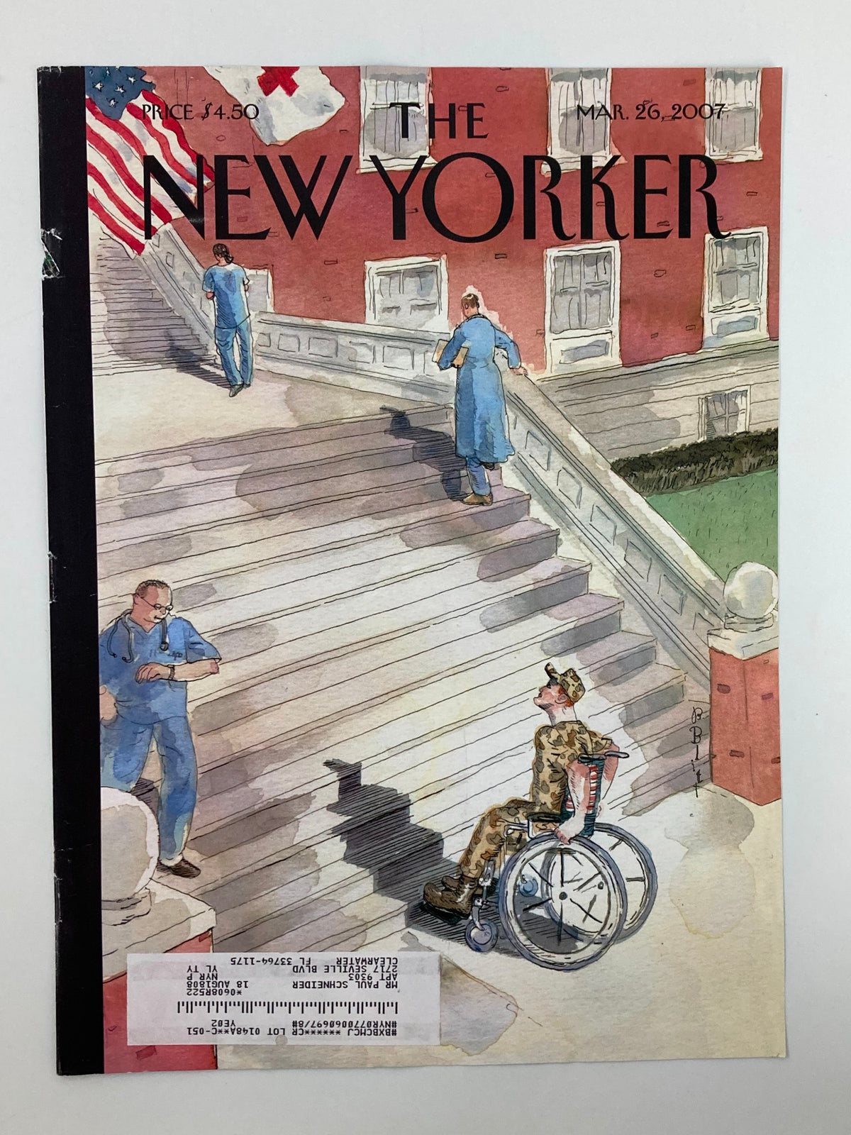 Front cover illustration of The New Yorker from March 26, 2007, titled 'Uphill Battle' by Barry Blitt, depicting a soldier in a wheelchair and individuals in blue attire on stairs.
