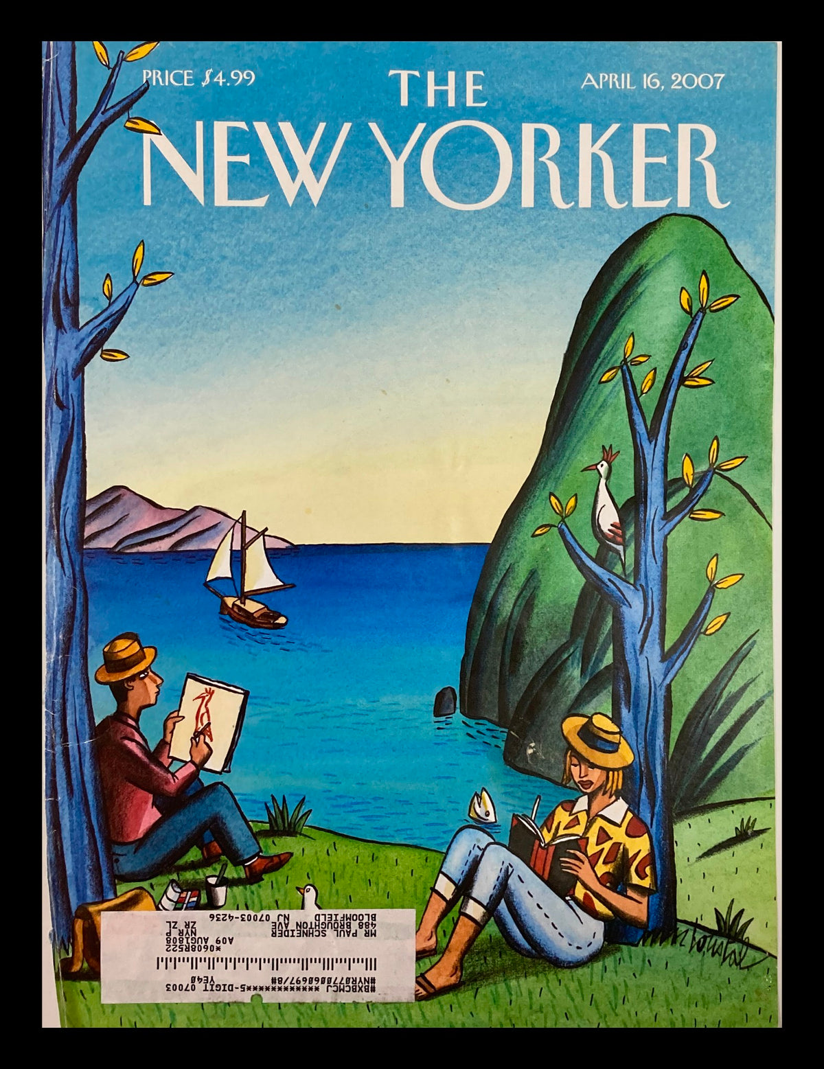 Cover of The New Yorker April 16, 2007 featuring 'Rare Birds' by Jacques de Loustal, showcasing a serene seaside scene with figures and boats.