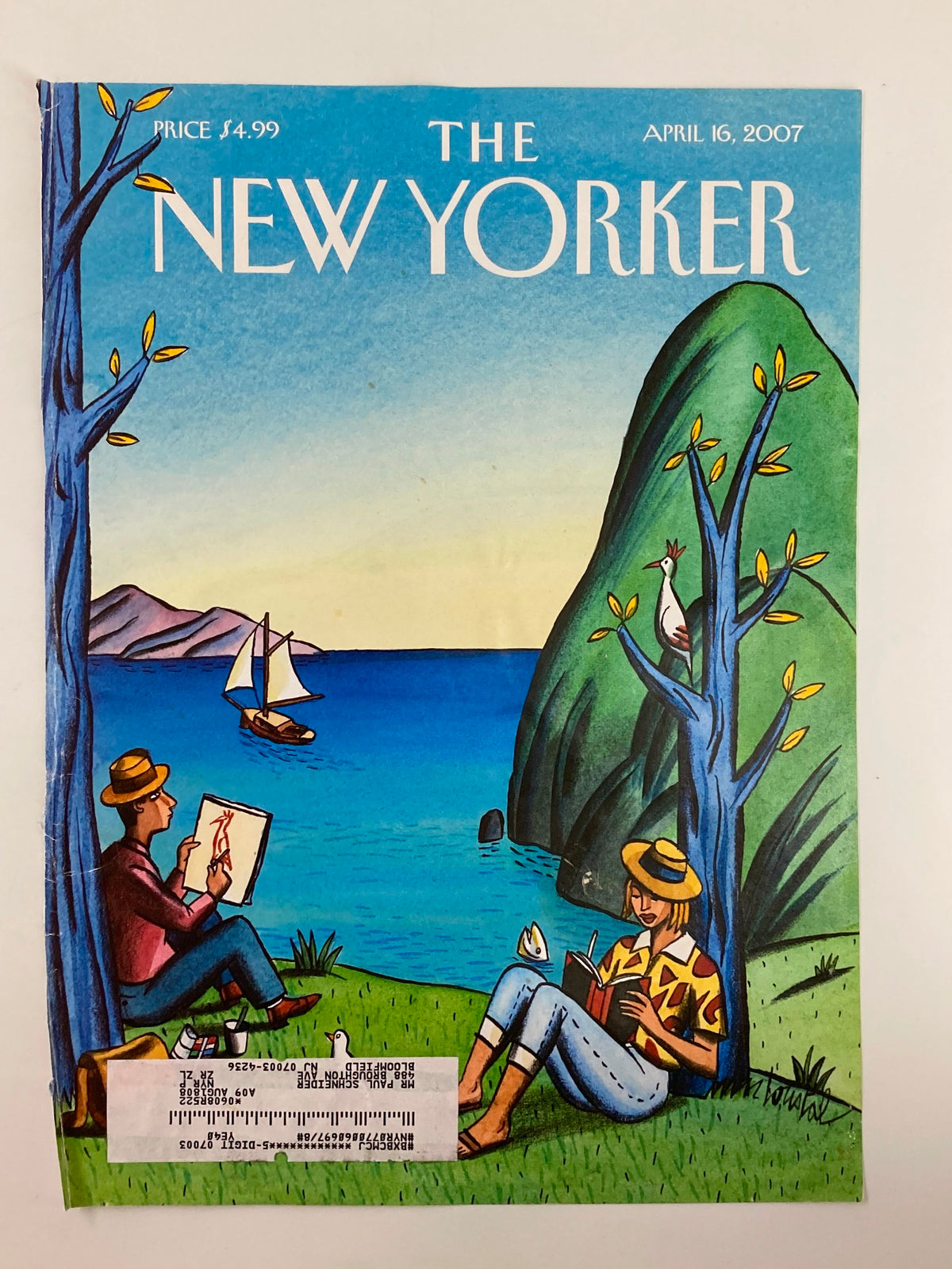 The New Yorker April 16, 2007 cover displaying vibrant artwork titled 'Rare Birds' by Jacques de Loustal, with a coastal landscape and artists at leisure.