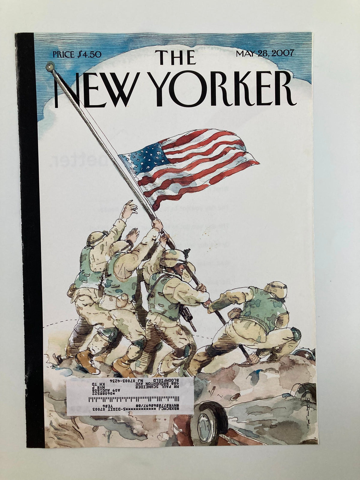 COVER ONLY The New Yorker May 28 2007 Half-Staff by Barry Blitt, showcasing a powerful illustration of military figures raising the American flag, reflecting themes of patriotism and sacrifice.