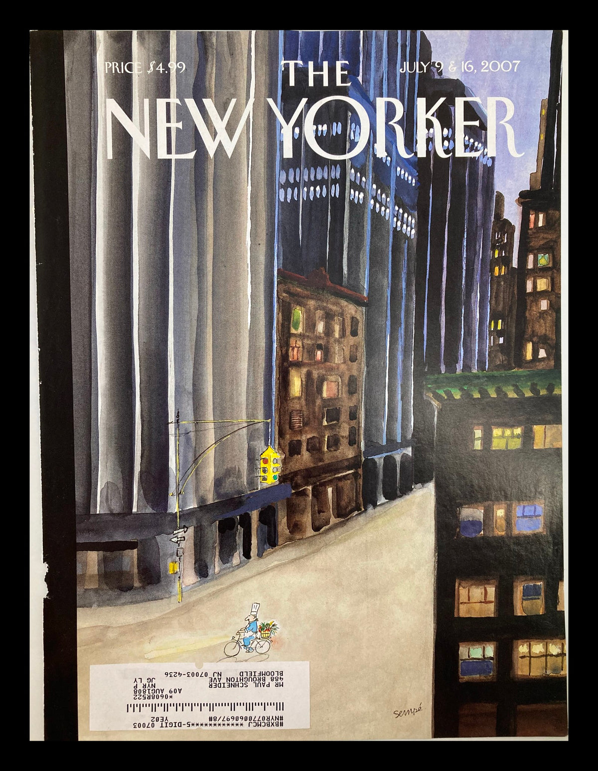 Cover art from The New Yorker July 9 & 16 2007 featuring whimsical bike delivery illustration by J.J. Sempe, depicting urban life in a charming cityscape.