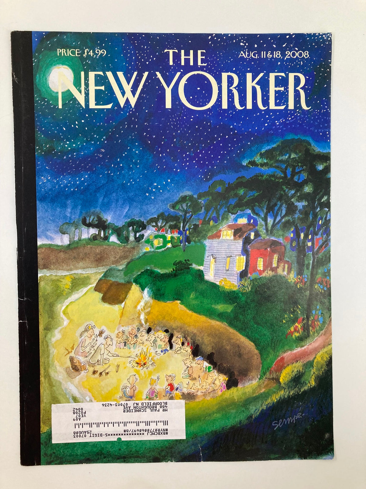 Cover of The New Yorker August 11 & 18, 2008 highlighting 'Future Memories' by J.J. Sempe, depicting a colorful landscape with a starry night and charming details.