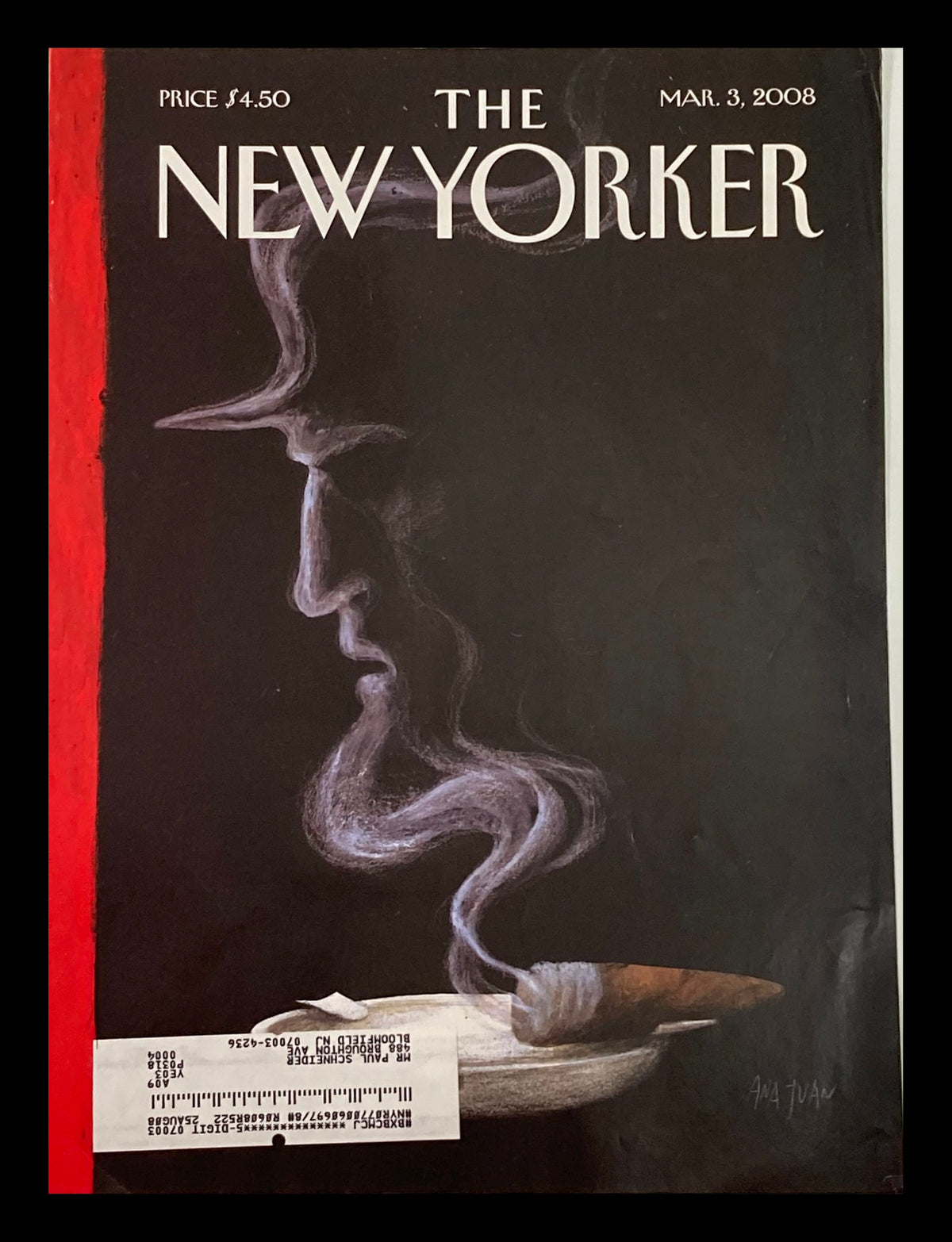 Cover of The New Yorker March 3 2008 titled 'Fading' by Ana Juan featuring a smoky figure silhouette and a pipe, showcasing captivating artwork.