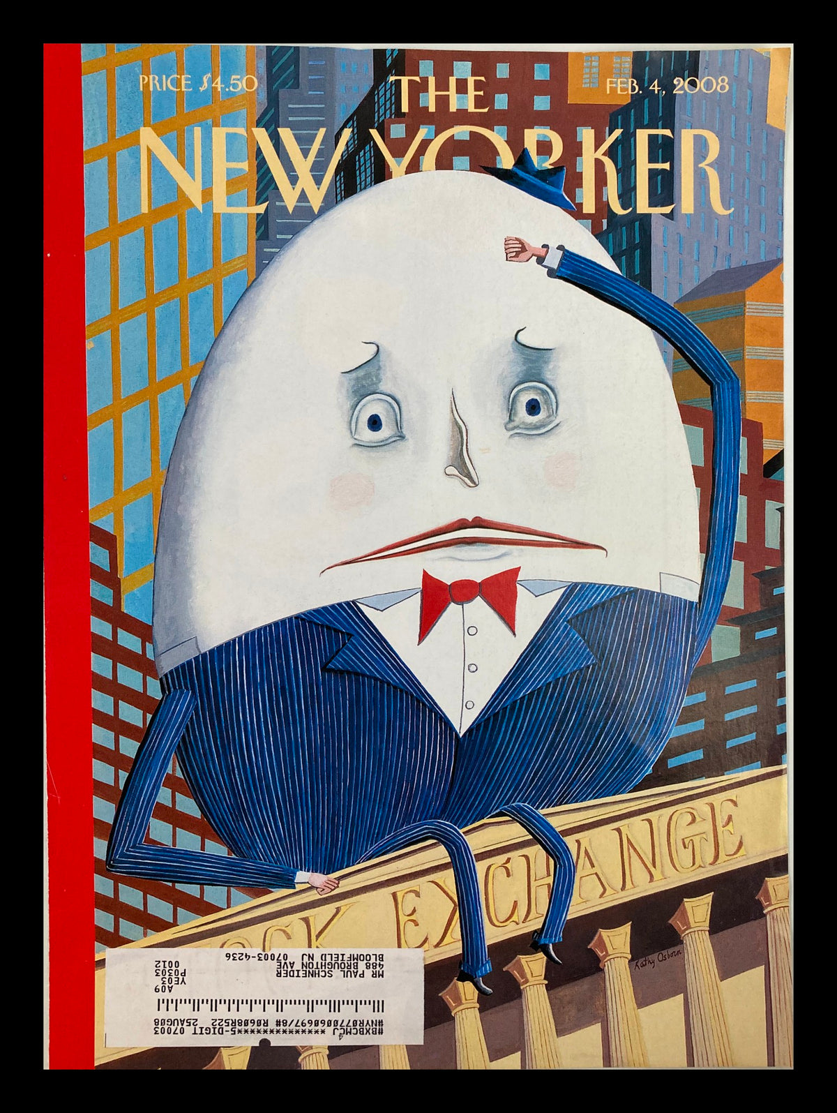The New Yorker cover from February 4, 2008, featuring a whimsical illustration of Humpty Dumpty in a tuxedo sitting on a wall, showcasing a blend of humor and cultural commentary.