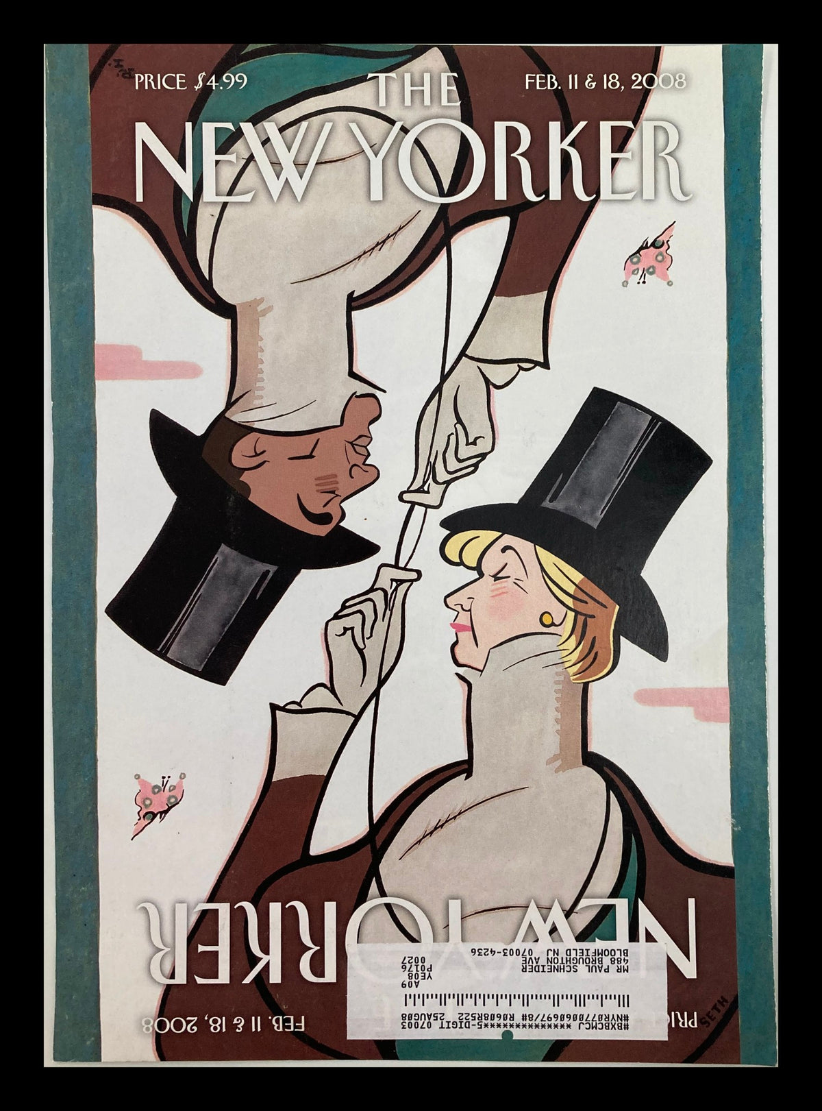 The New Yorker February 11 & 18 2008 Eustace Tilley Cover featuring two elegantly dressed figures with top hats in a playful illustration by Rea Irvin.