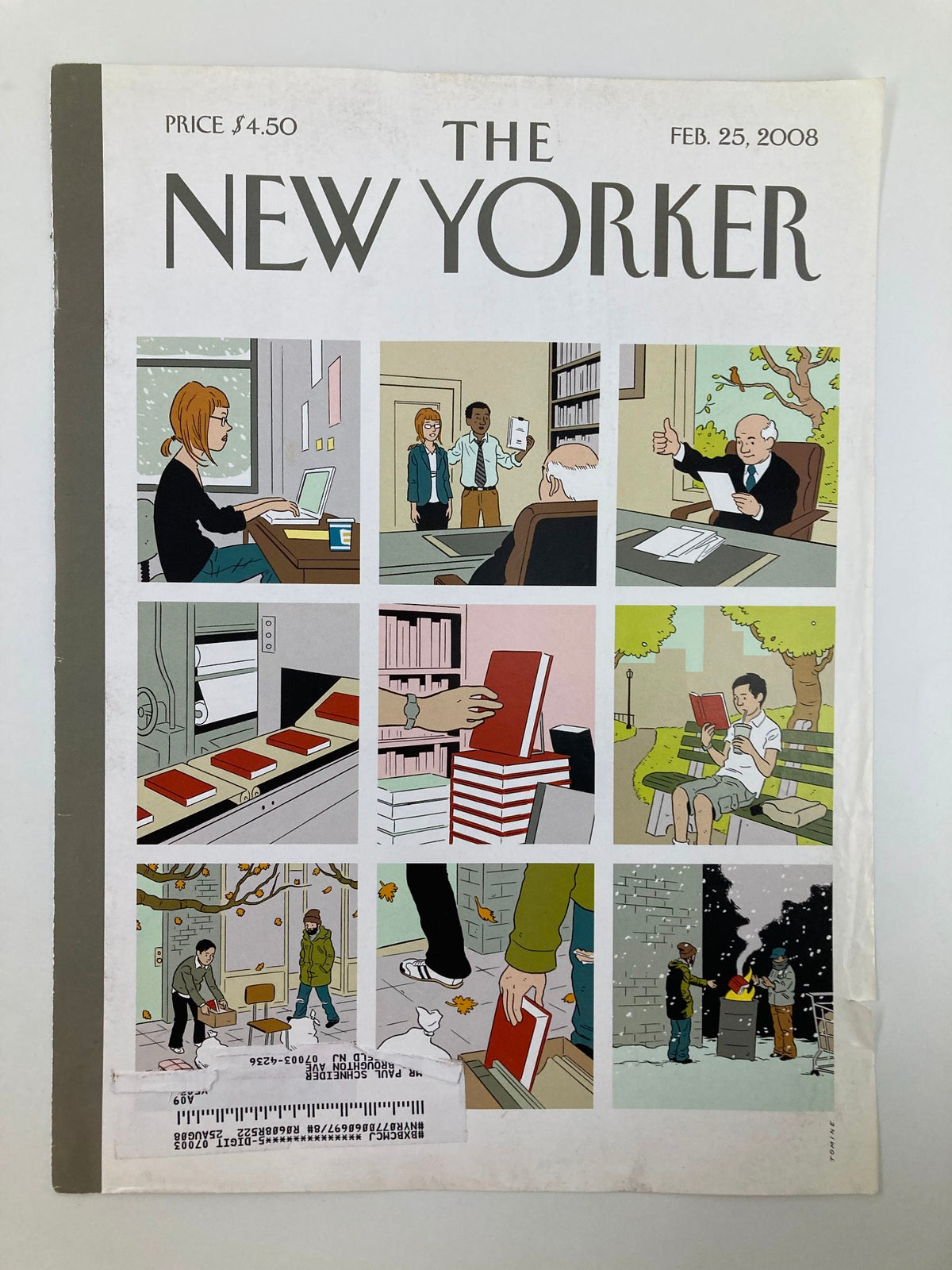 The New Yorker cover from February 25, 2008, created by Adrian Tomine, depicting a collage of illustrated interactions in various environments, demonstrating his signature style.