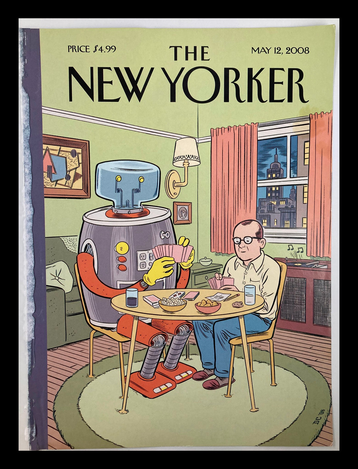 Cover of The New Yorker May 12, 2008: Man's Best Friend by Dan Clowes, featuring a whimsical illustration of a robot and a man at a dining table, enjoying snacks in an interior setting.