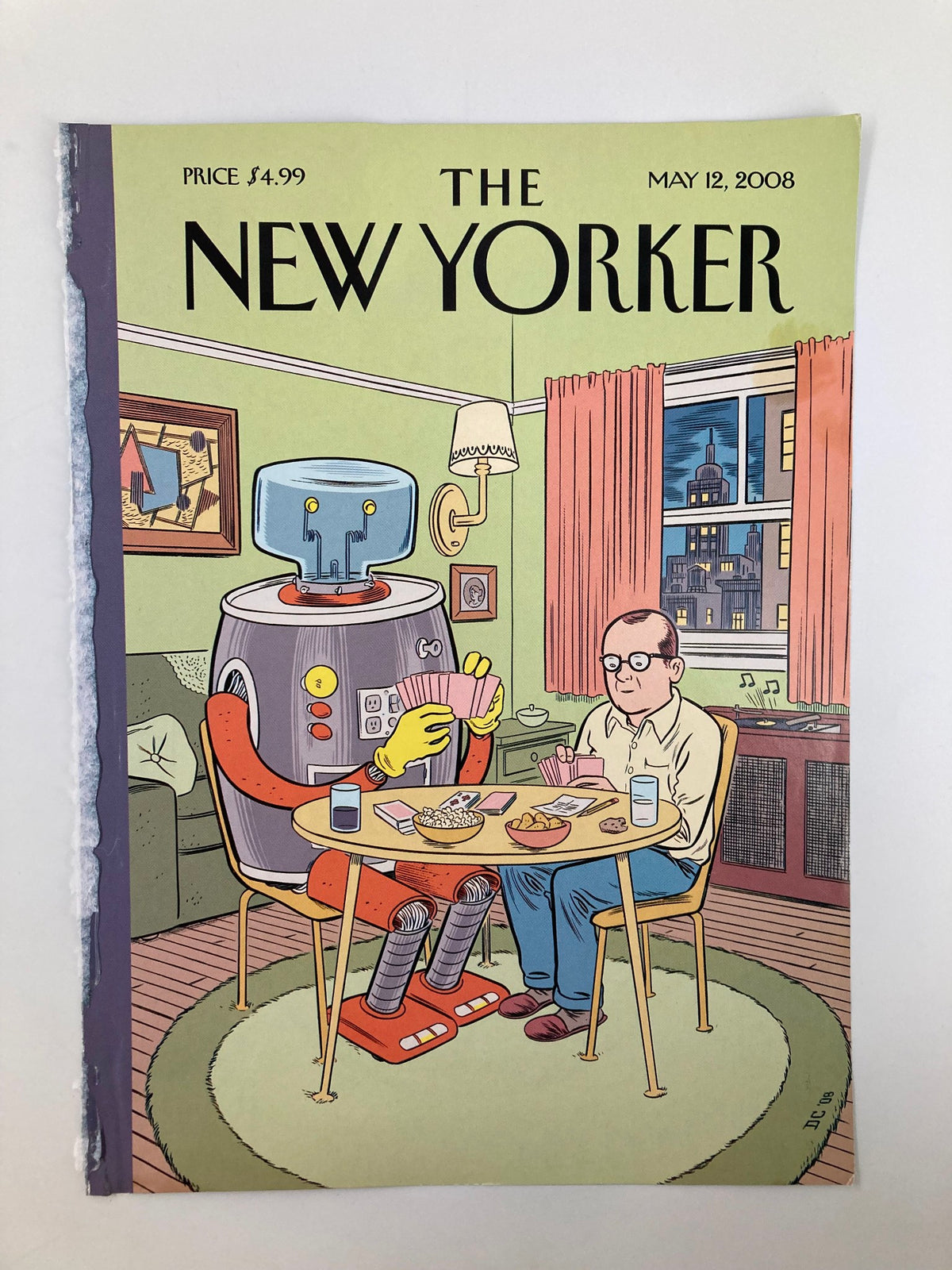 Cover of The New Yorker May 12, 2008: Man's Best Friend by Dan Clowes, showcasing a robot interacting with a man over a meal in a cozy room, capturing a playful and imaginative theme.