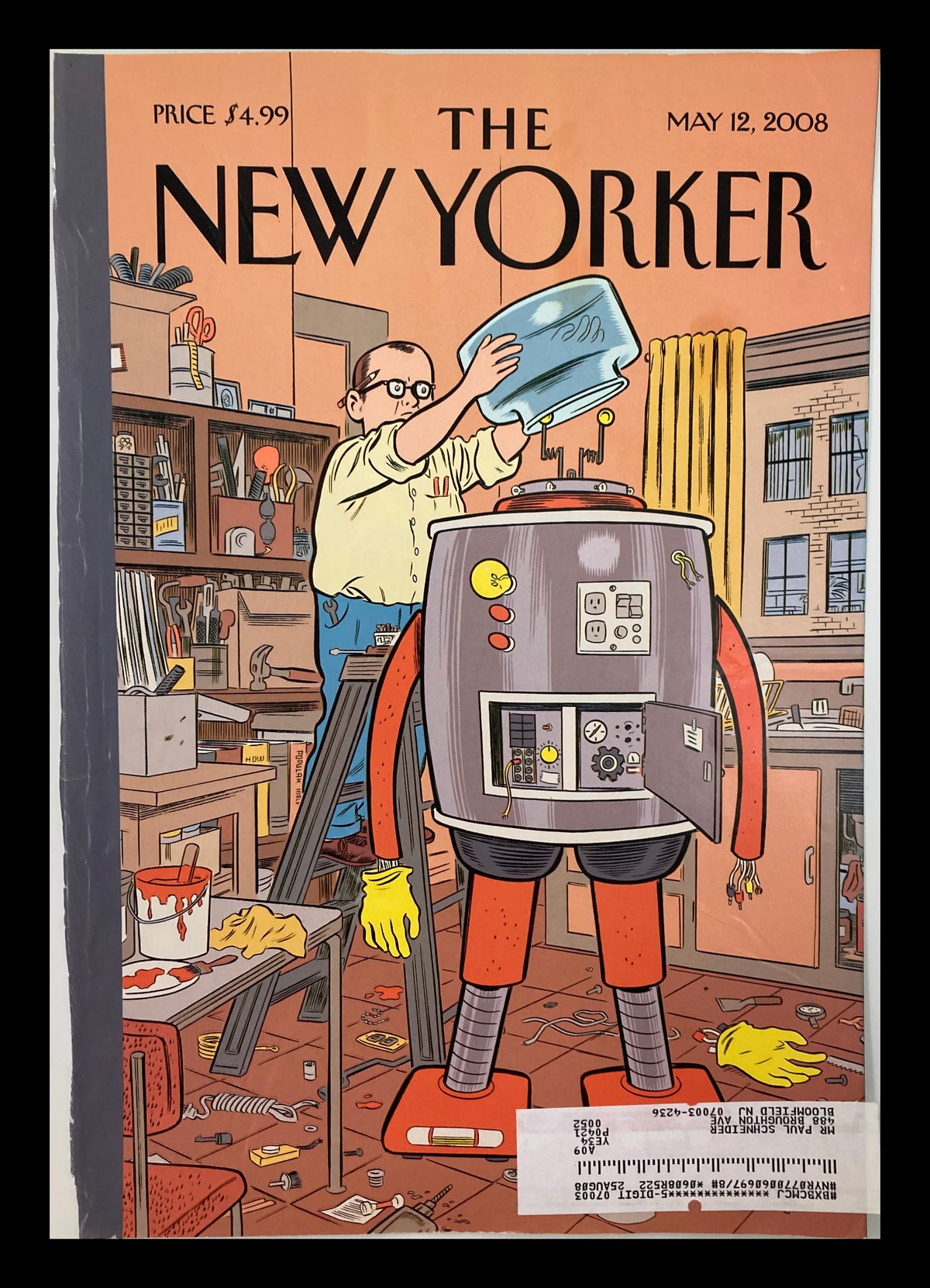 Cover of The New Yorker dated May 12, 2008, featuring an illustration by Dan Clowes showing a man pouring water into a robot's head.