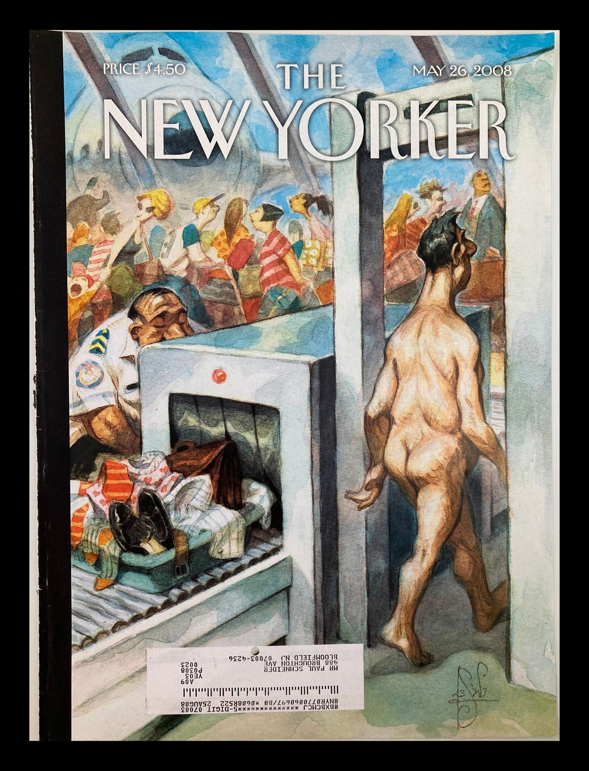 Cover of The New Yorker, May 26, 2008, titled 'Through The Wringer' by Peter de Seve, showcasing a humorous illustration depicting a surreal airport security scene with a naked man and a crowd of people.