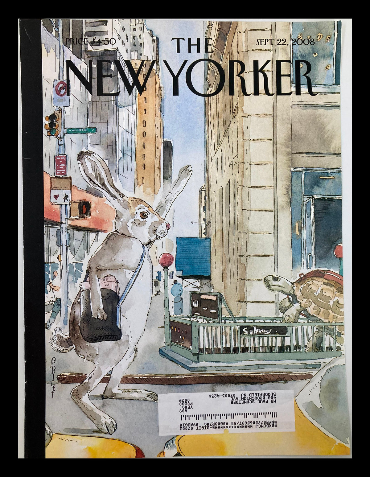 Cover of The New Yorker September 22, 2008, titled 'Rabbit & Turtle Race' by Barry Blitt, featuring an illustration of a rabbit and turtle in an urban setting.