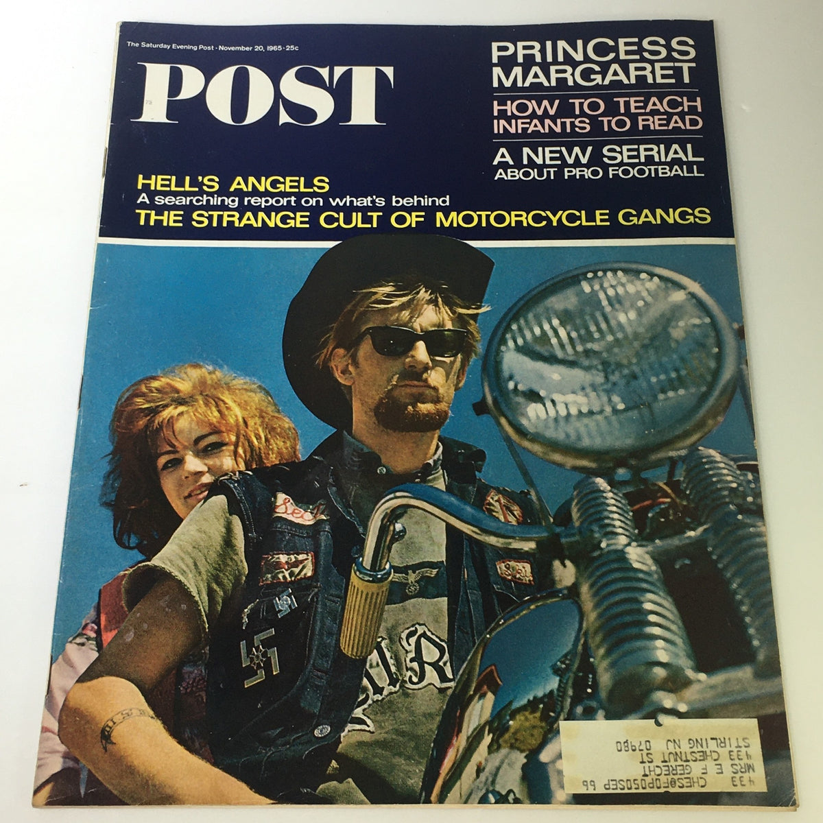 Cover of The Saturday Evening Post dated November 20, 1965, featuring articles on Princess Margaret and Hell's Angels, showcasing vibrant imagery of a couple with a motorcycle, reflecting 1960s culture.