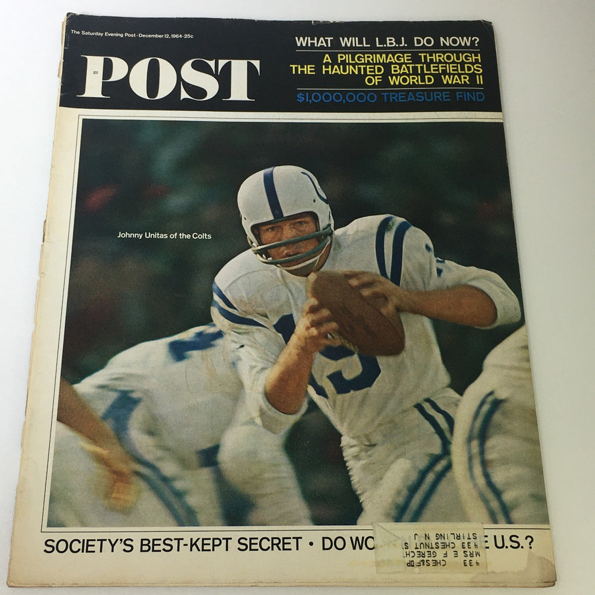 VTG The Saturday Evening Post December 12 1964 cover featuring legendary quarterback Johnny Unitas of the Baltimore Colts in action, encapsulating a significant moment in sports history.