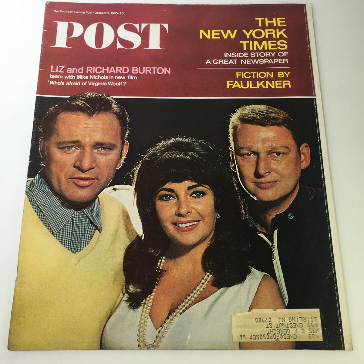 Vintage magazine cover of The Saturday Evening Post from October 9, 1965, featuring Liz Taylor and Richard Burton promoting their new film, showcasing Hollywood glamour from the 1960s.