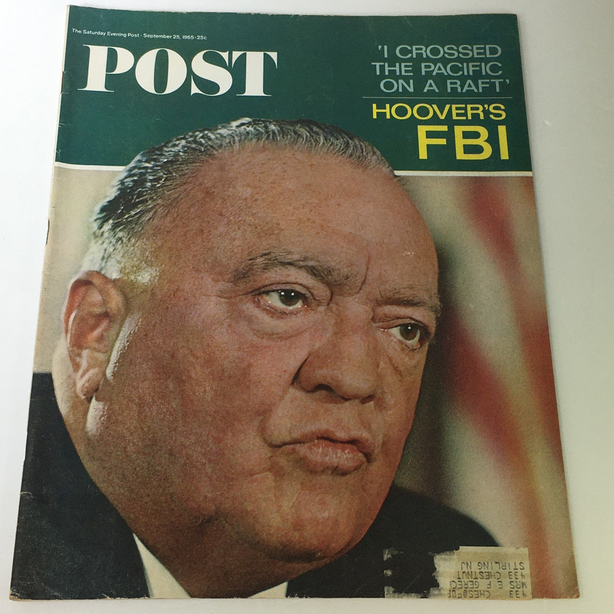 VTG The Saturday Evening Post September 25 1965 cover featuring Hoover's FBI with a close-up portrait of John Edgar Hoover, showcasing vintage magazine nostalgia and historical significance.