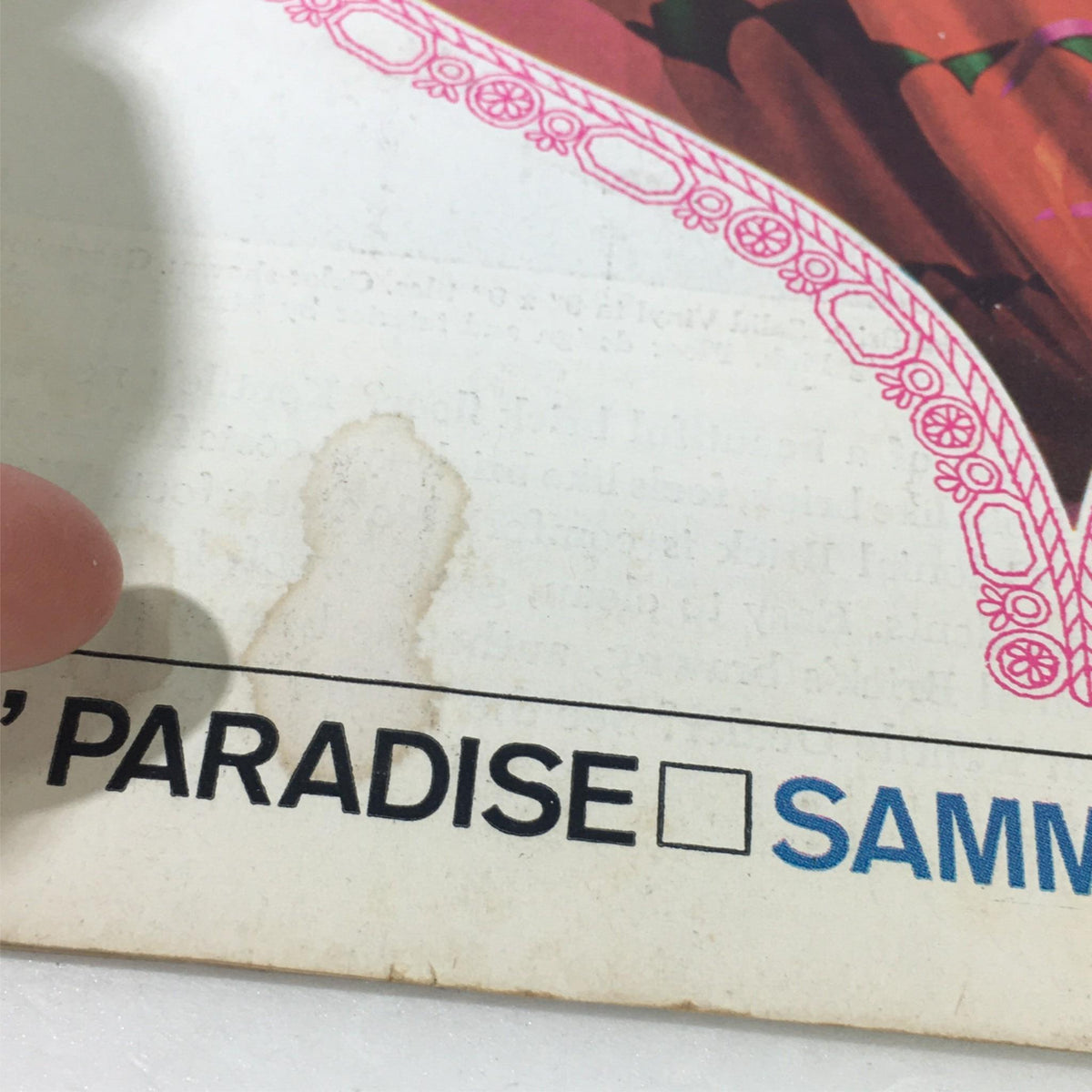 Close-up of the lower section of The Saturday Evening Post cover from February 13, 1965, showing details including the text 'GAMBLERS' PARADISE SAMMY DAVIS' and a minor stain, highlighting the vintage condition of the magazine.