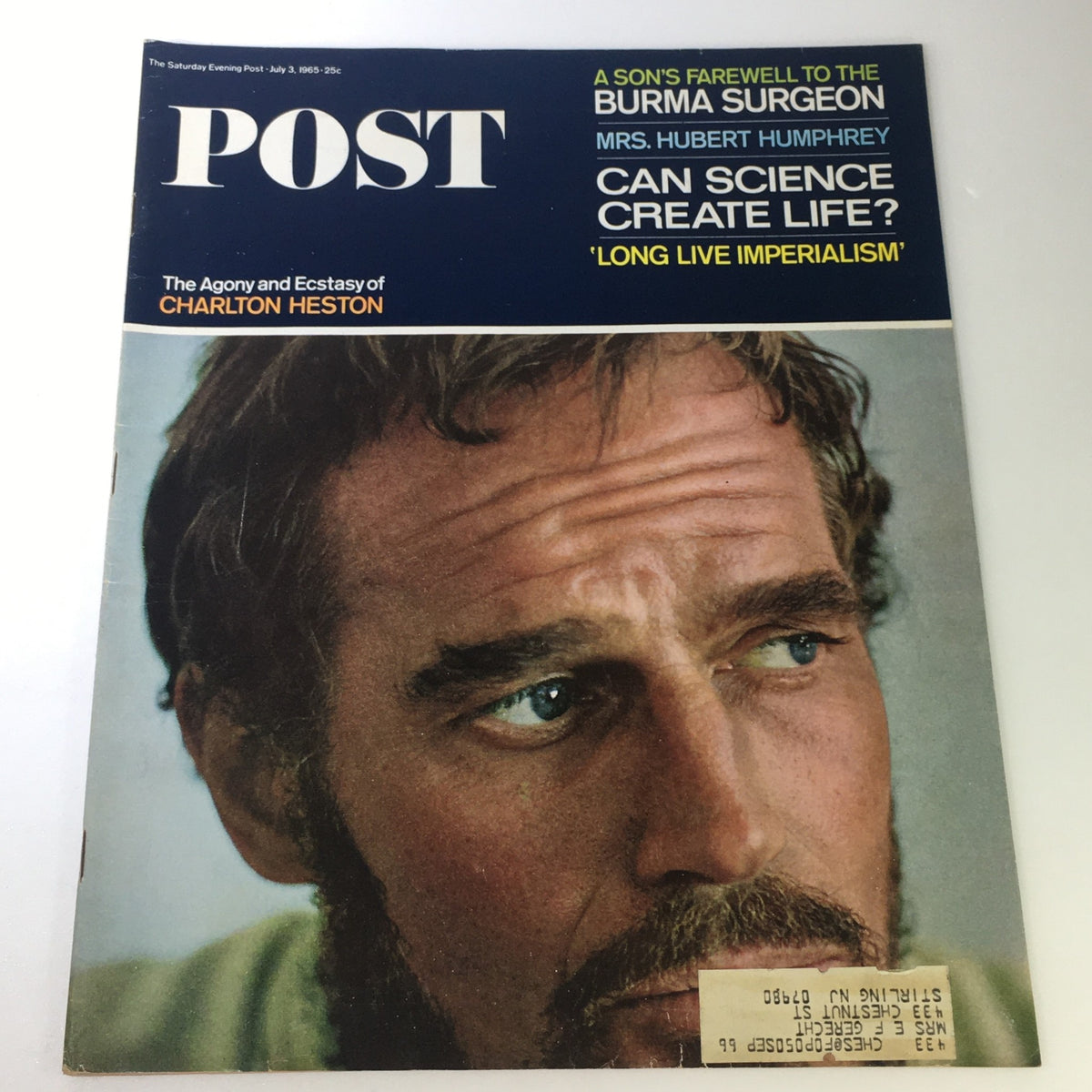 Cover of The Saturday Evening Post from July 3, 1965 featuring Charlton Heston with the title 'The Agony & Ecstasy'. The magazine showcases articles reflecting cultural themes of the 1960s.