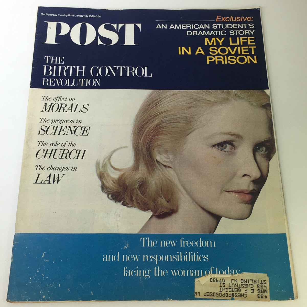 Vintage magazine cover of The Saturday Evening Post from January 15, 1966, featuring the article 'My Life In A Soviet Prison.' The cover includes a striking image of a woman with short blonde hair and text highlighting topics such as the birth control revolution and social issues of the time.