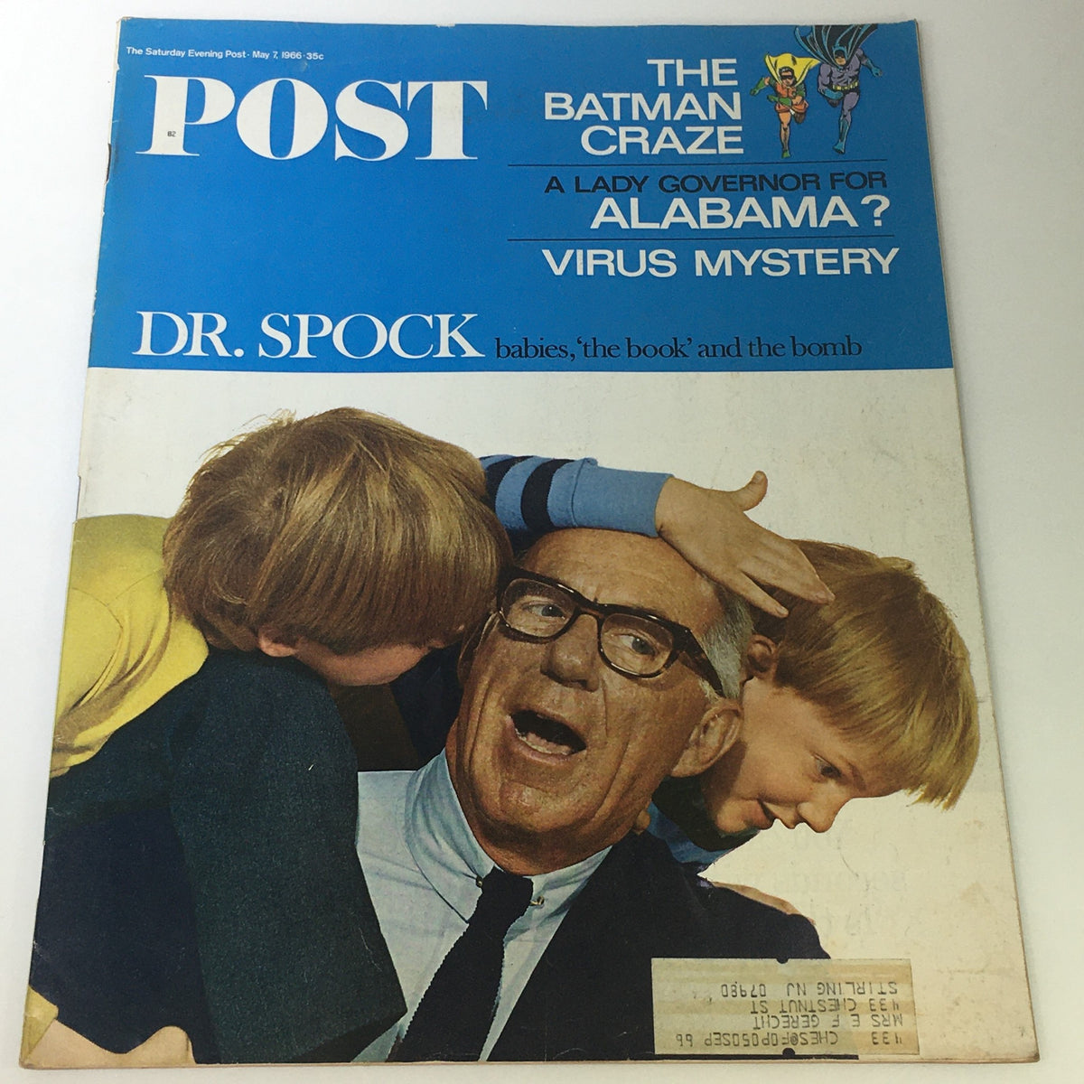 Cover of VTG The Saturday Evening Post May 7 1966 featuring Dr. Benjamin Spock with children, discussing parenting amid the Cold War.