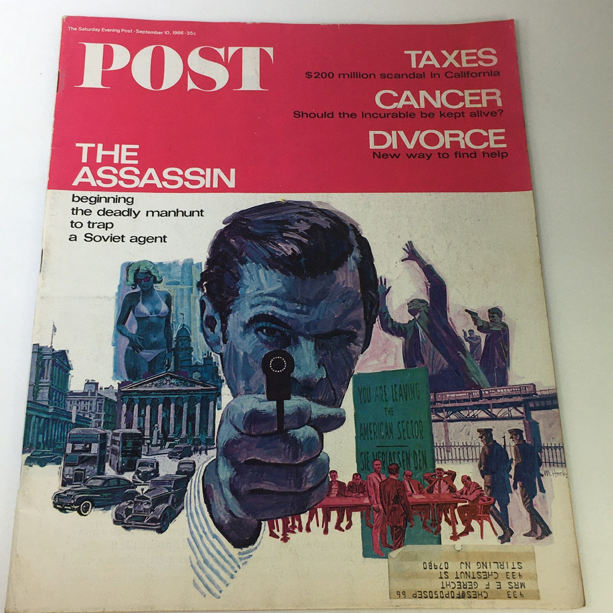 VTG The Saturday Evening Post September 10 1966 cover featuring 'The Assassin' article, highlighting topics like taxes, cancer, and divorce, with a graphic illustration of a man pointing a gun.