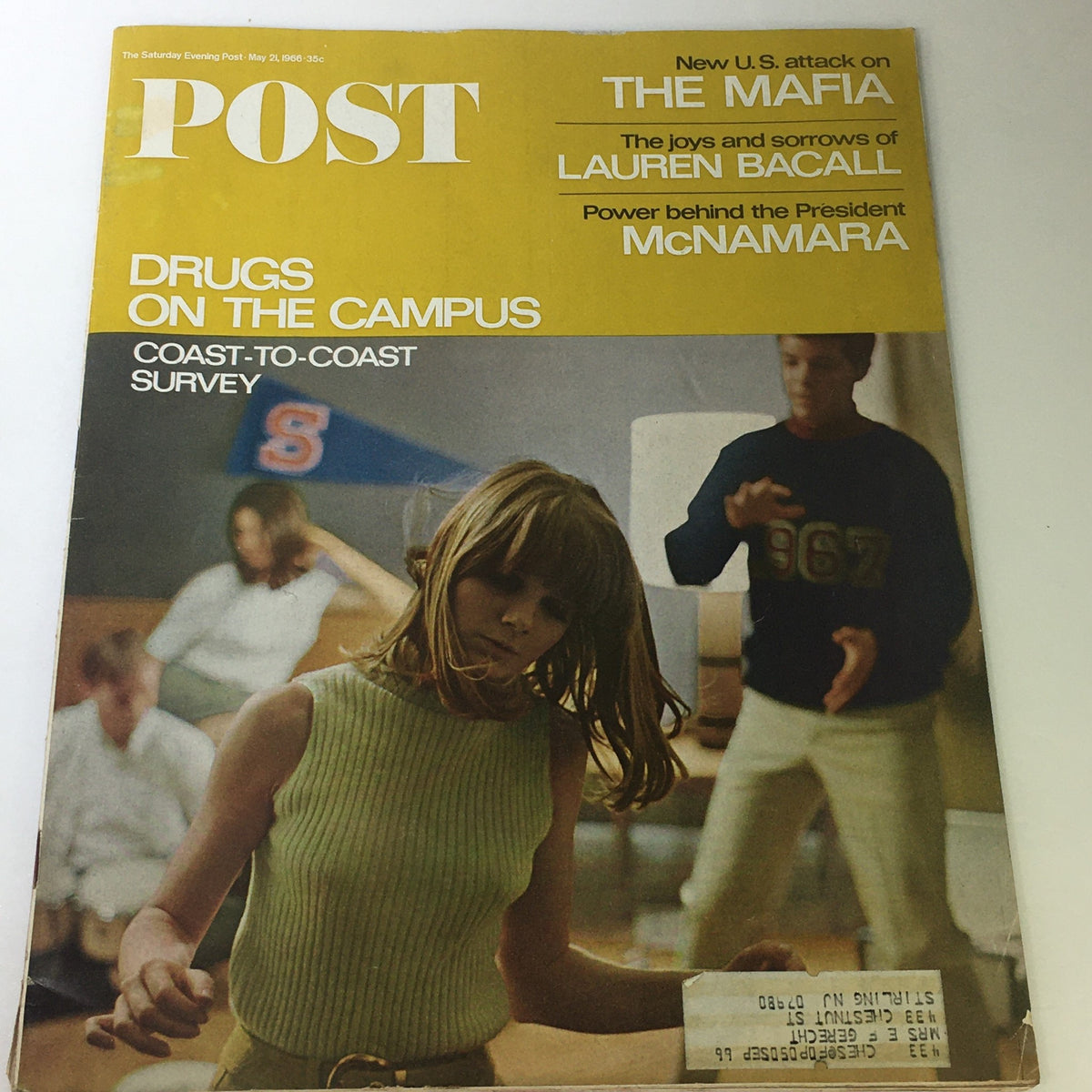 Vintage magazine cover of The Saturday Evening Post from May 21, 1966, featuring the article on Lauren Bacall, with headlines including 'Drugs on the Campus' and 'New U.S. Attack on The Mafia'.