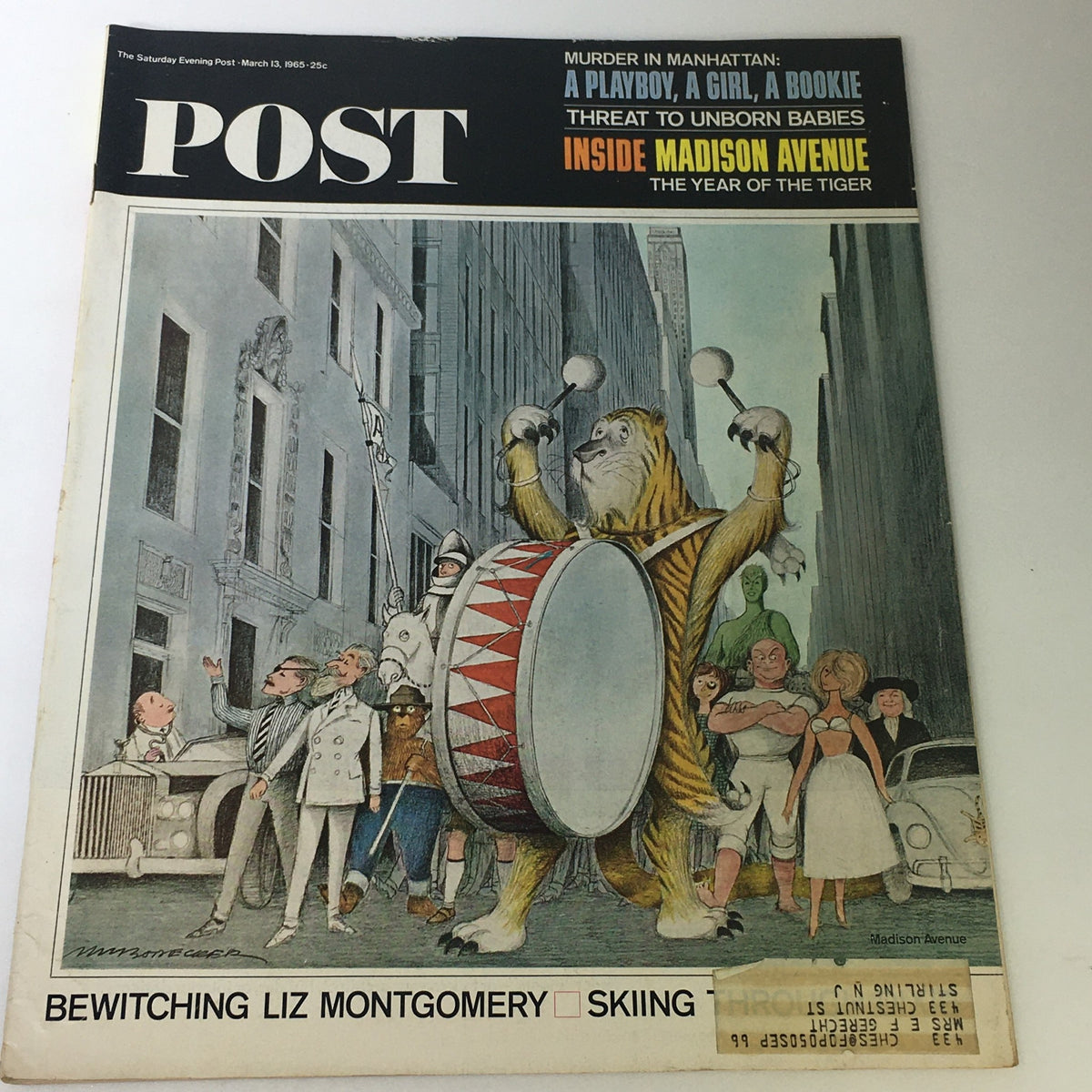 Cover of The Saturday Evening Post from March 13, 1965, featuring a colorful illustration with a tiger playing a drum, themed around 'Bewitching Liz Montgomery' and skiing.
