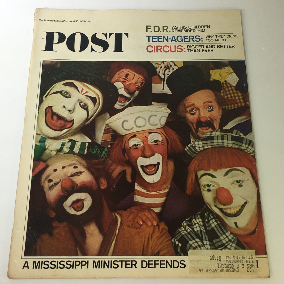 Cover of The Saturday Evening Post dated April 10, 1965, featuring a colorful group of clowns with the headline 'A Mississippi Minister Defends'.