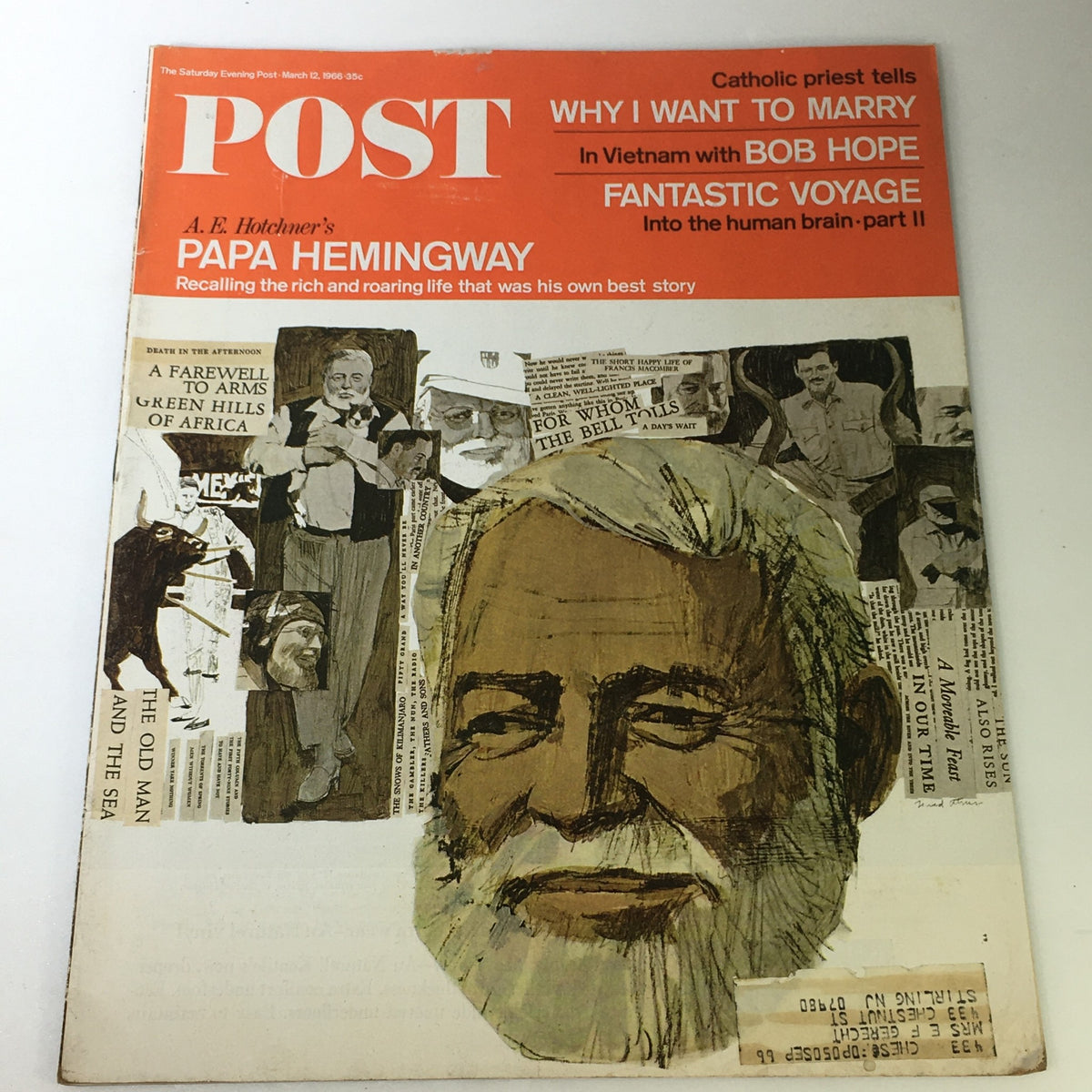 VTG The Saturday Evening Post from March 12, 1966 featuring A.E. Hotchmer's Papa Hemingway artwork, showcasing a vintage magazine cover with illustrations and headlines related to Hemingway and cultural commentary.