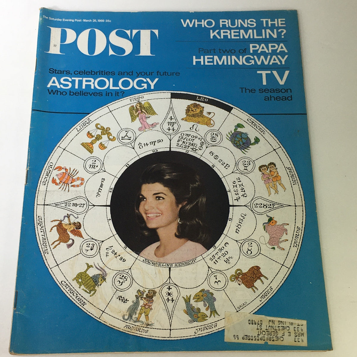 Vintage cover of The Saturday Evening Post dated March 26, 1966, featuring Jacqueline Kennedy and a detailed astrology chart, highlighting the rising interest in astrology during the 1960s. This collectible magazine reflects American culture and social changes of the era.