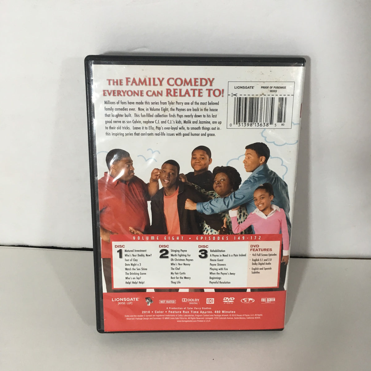 Back cover of Tyler Perry's House of Payne, Vol. 8 (2011) DVD featuring the family comedy themes and episode details.
