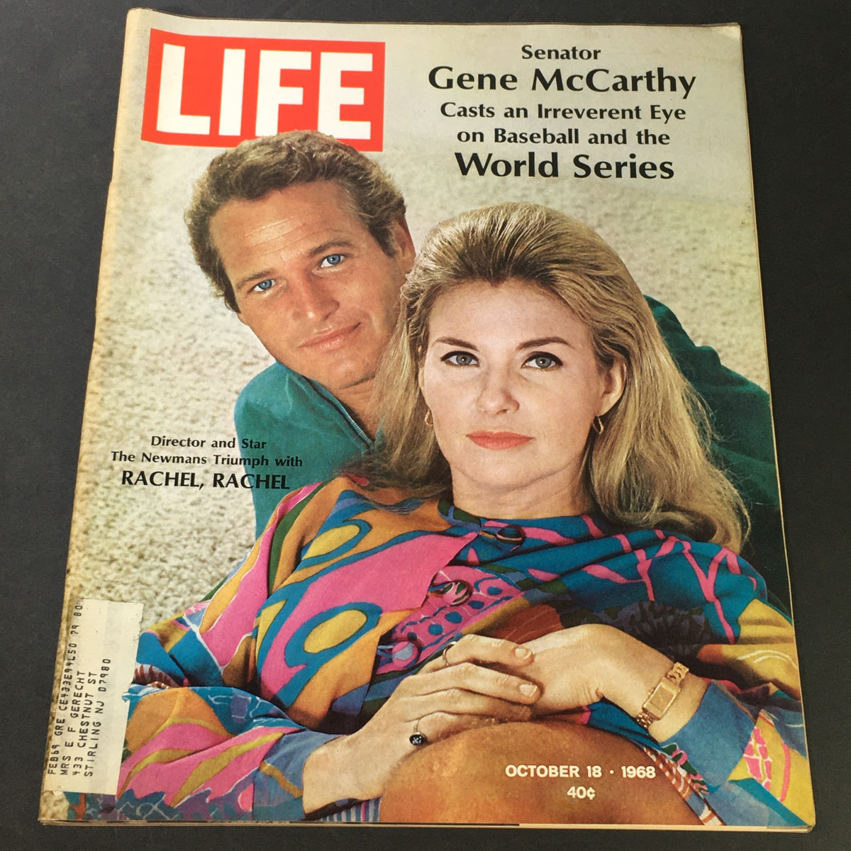 Vintage Life Magazine cover from October 18, 1968 featuring Paul Newman and Joann Woodward, showcasing their iconic status in Hollywood.