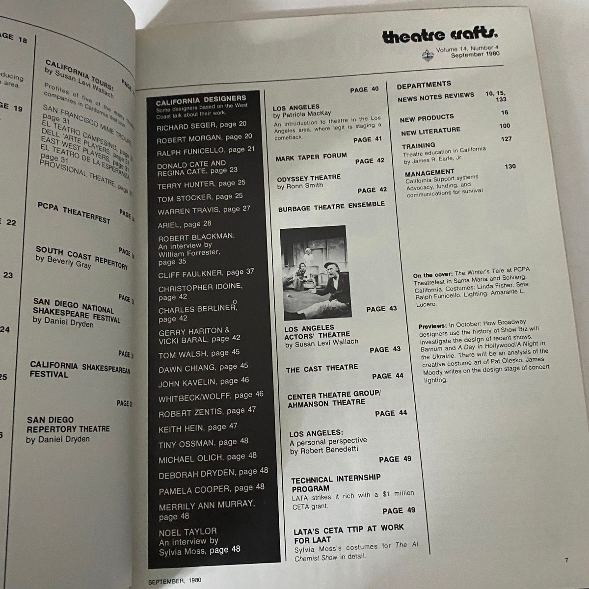 Another inside page of Theatre Crafts Magazine, September 1980, displaying a list of California designers and a glimpse into the theatre industry.