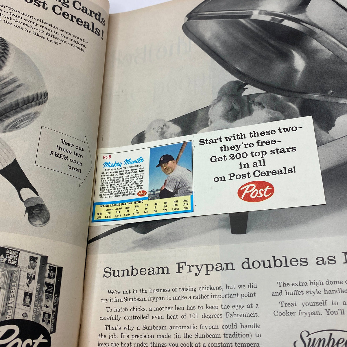 Image from Life Magazine April 13, 1962 featuring an advertisement for Post Cereals promoting free baseball cards, including a Mickey Mantle card. This collectible page highlights memorabilia from the early '60s and complements the vintage theme of the magazine issue.