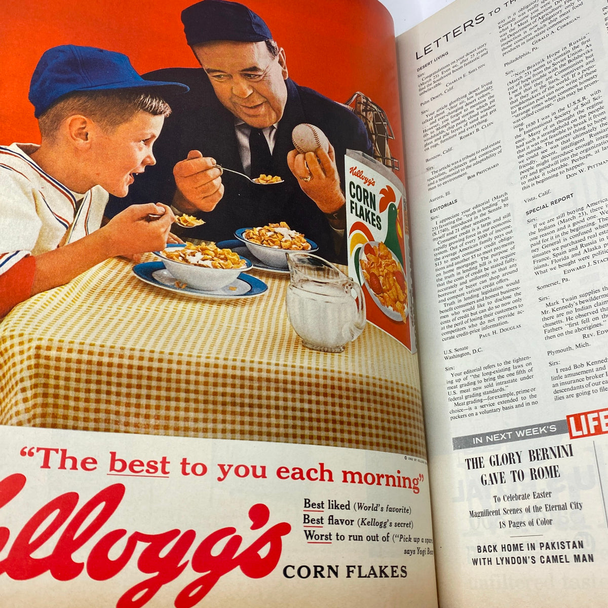 Advertisement for Kellogg's Corn Flakes with a boy and a man enjoying breakfast, featured in the April 13, 1962 issue of Life Magazine with Elizabeth Taylor.