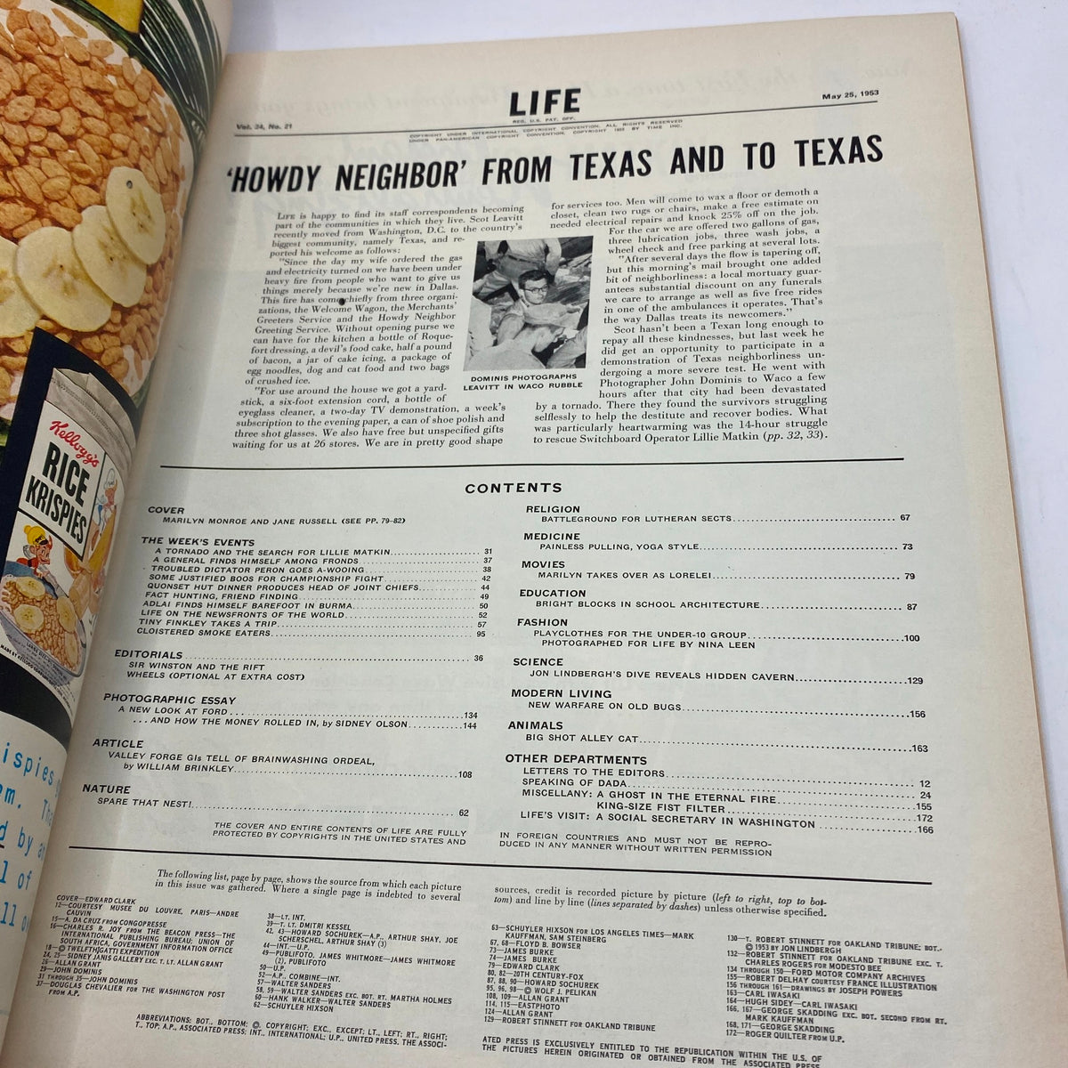 Inside page of VTG Life Magazine May 25 1953 featuring editorial content and table of contents, highlighting Marilyn Monroe and Jane Russell on the cover.