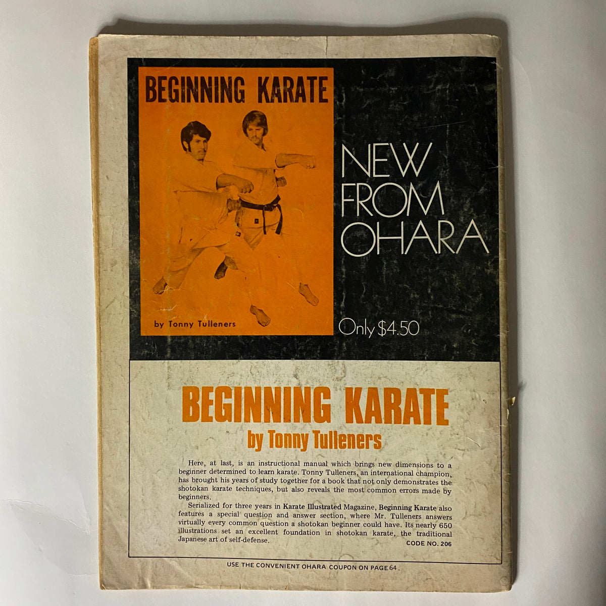 Cover of the VTG Karate Illustrated Magazine from September 1974 featuring the title 'Beginning Karate' by Tonny Tulleners, showcasing two karate practitioners and highlighting special features of the magazine.