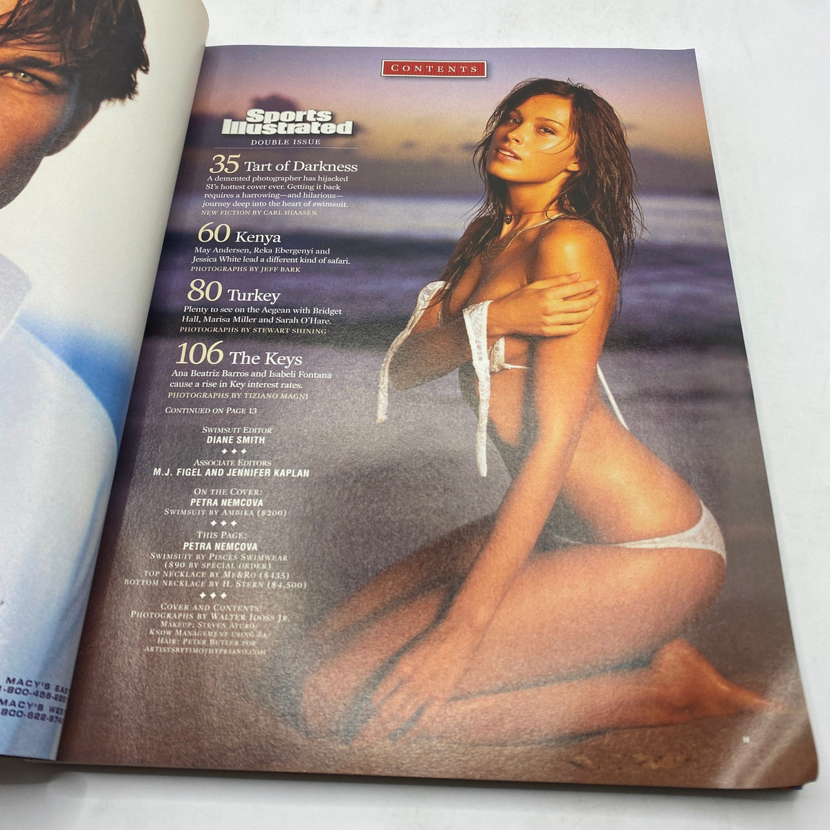 Contents page of Sports Illustrated Magazine Winter 2003 showcasing model Petra Nemcova posing in a bikini by the beach, reflecting the magazine's focus on modeling and travel.