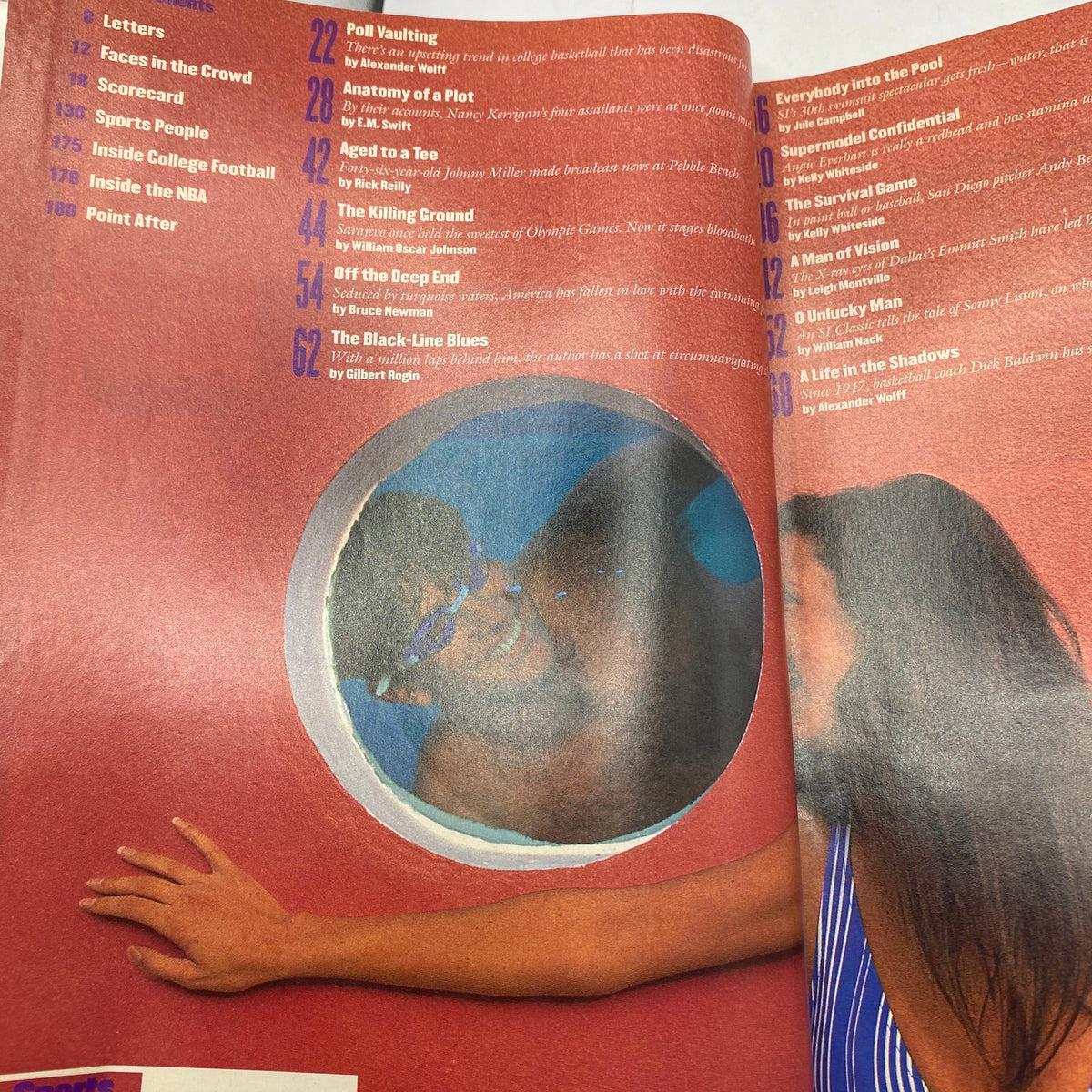 Interior page of Sports Illustrated magazine February 14, 1994, displaying the table of contents, highlighting articles and features including pool vaulting and profiles of athletes.