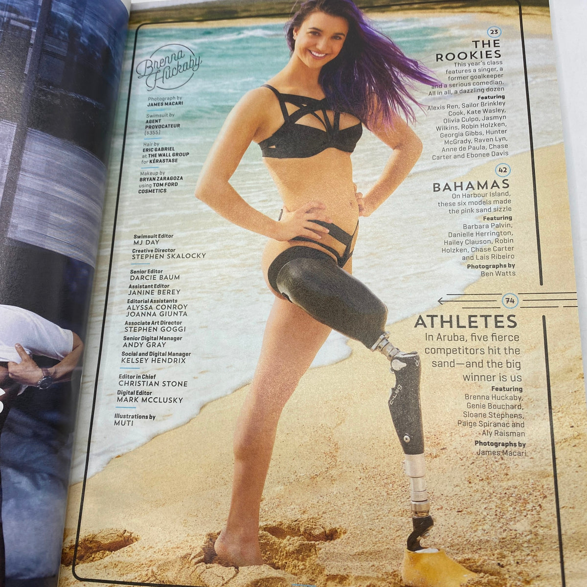 Inside page of Sports Illustrated Magazine 2018 highlighting a model with a prosthetic leg on the beach, celebrating diversity in athletics and featuring inspiring athletes.