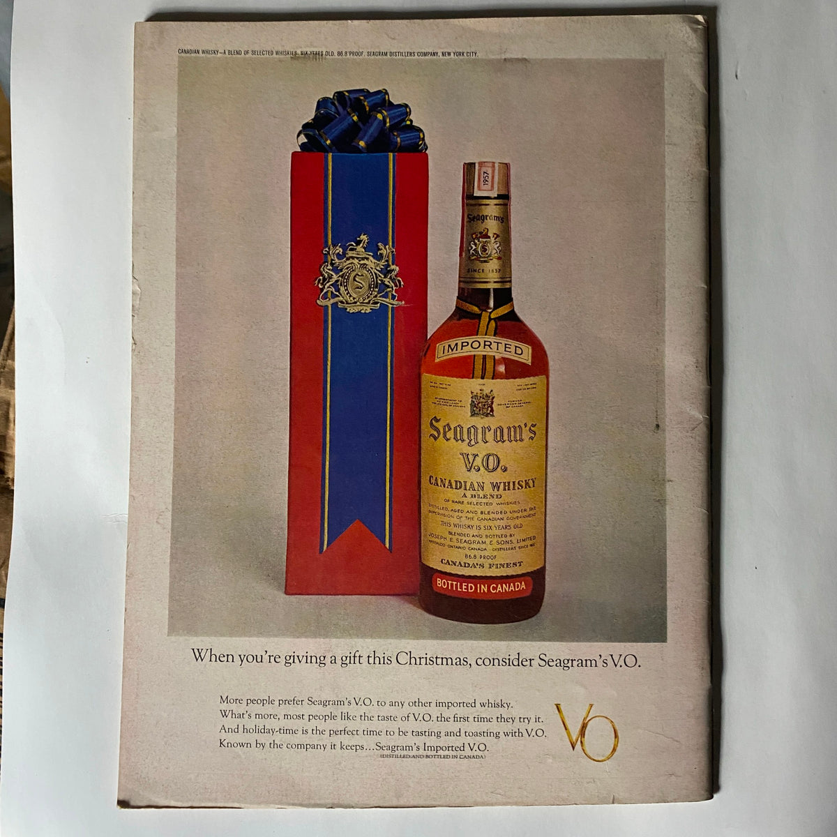 Advertisement page from VTG Newsweek Magazine December 9 1963 for Seagram's V.O. Canadian Whisky, showcasing a holiday gift idea.
