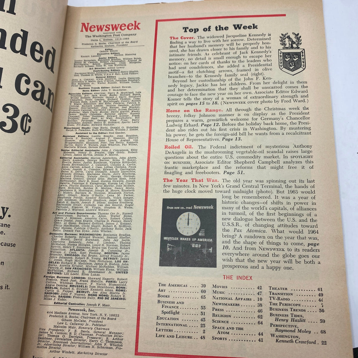 Interior page of the January 6, 1964 Newsweek Magazine, including articles and features with a focus on Jacqueline Kennedy, titled 'Looking Ahead'.