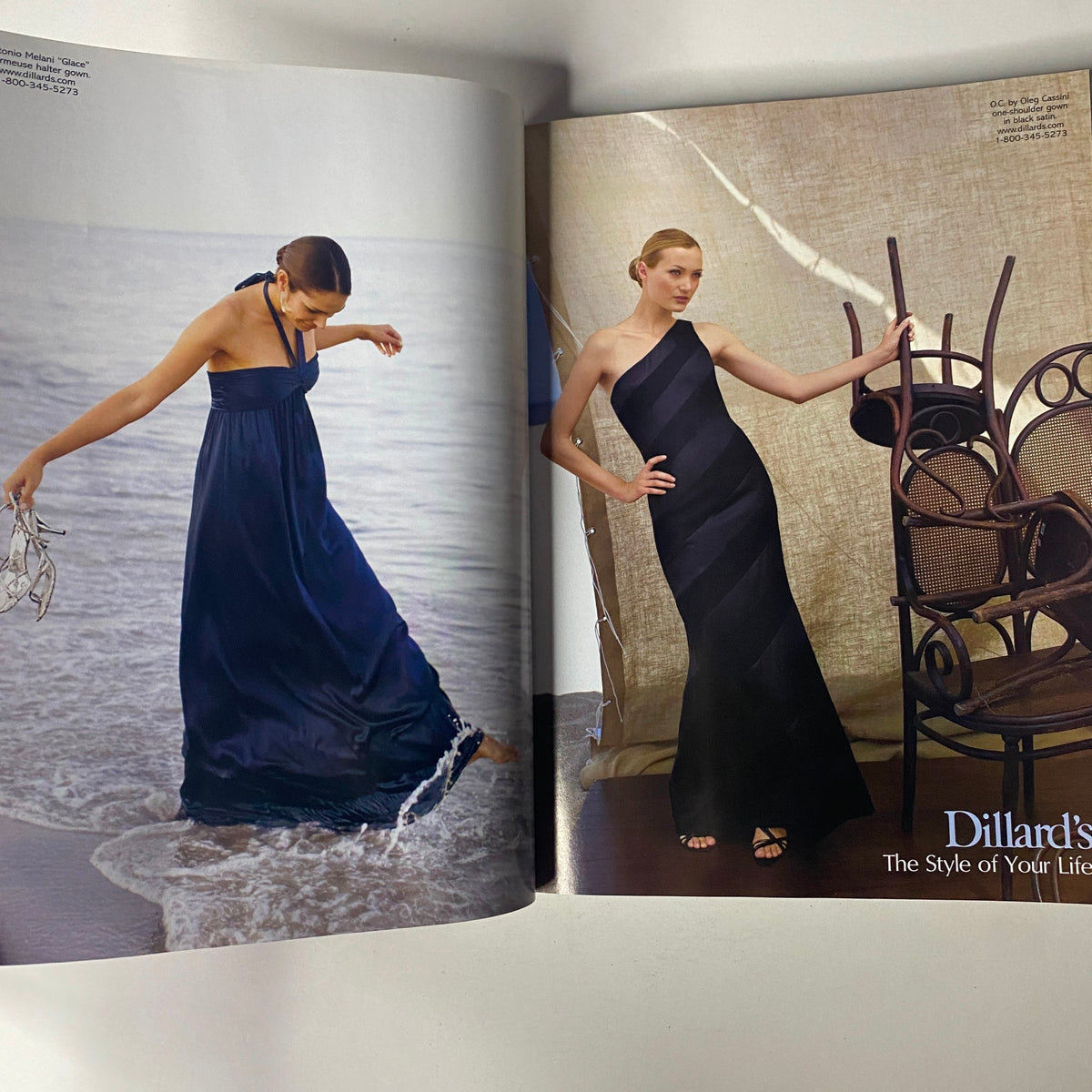 Vogue Magazine November 2008 includes a fashion advertisement featuring elegant evening gowns by Dillard's, reflecting sophisticated styles for special occasions.