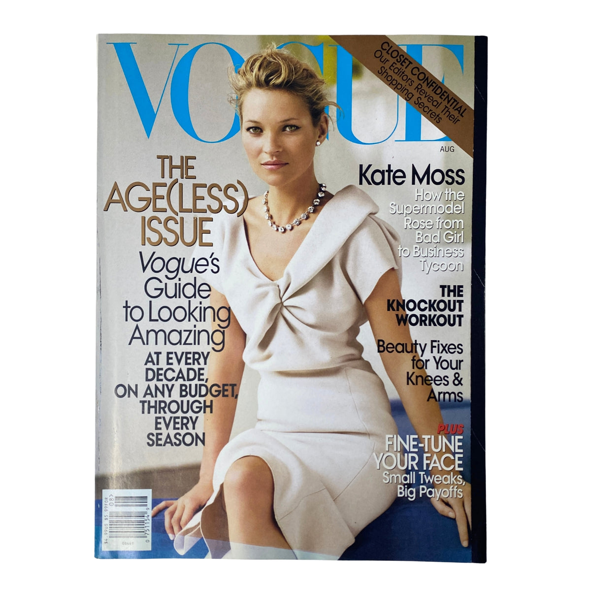 Vogue Magazine August 2008 cover featuring Kate Moss, titled 'The AGE(LESS) ISSUE', highlighting Vogue's guide to looking amazing at every decade and on any budget.