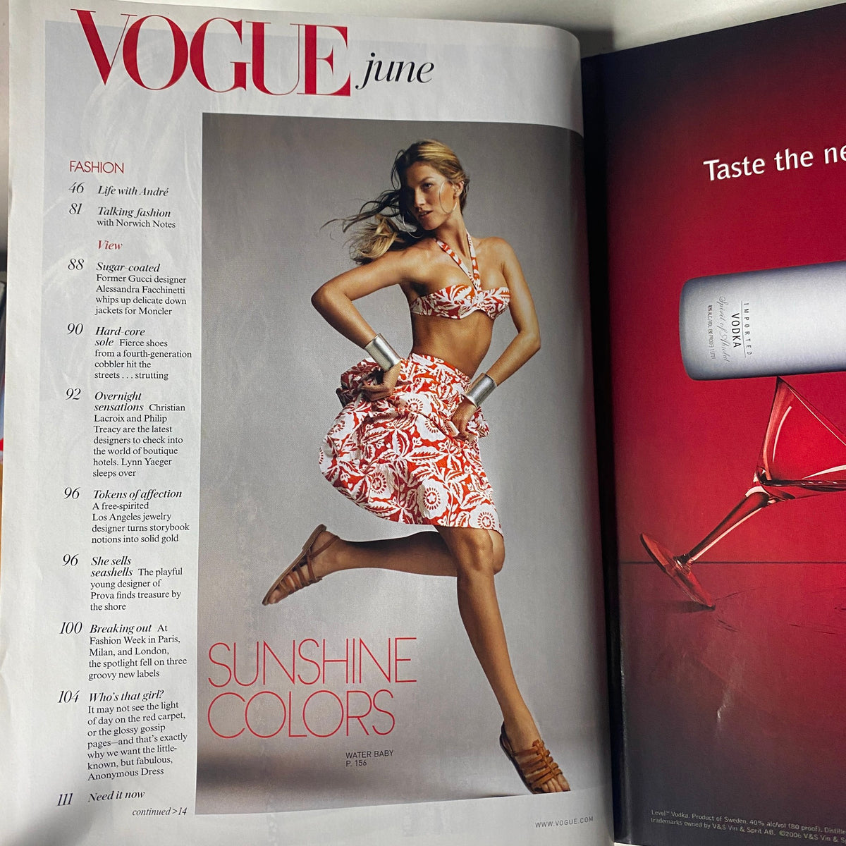 Interior page of Vogue Magazine June 2006 showcasing a model in a vibrant outfit with the title 'Sunshine Colors', highlighting summer fashion trends, part of the issue featuring Uma Thurman on the cover, titled 'Vogue Magazine June 2006 Uma Thurman Cover No Label VG'.