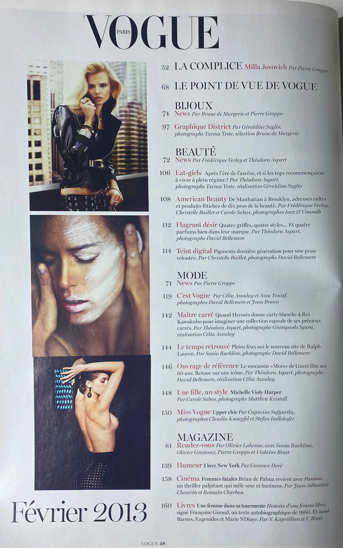 Table of contents page from Vogue Paris February 2013 No. 934, featuring Milla Jovovich and various articles on fashion and beauty.
