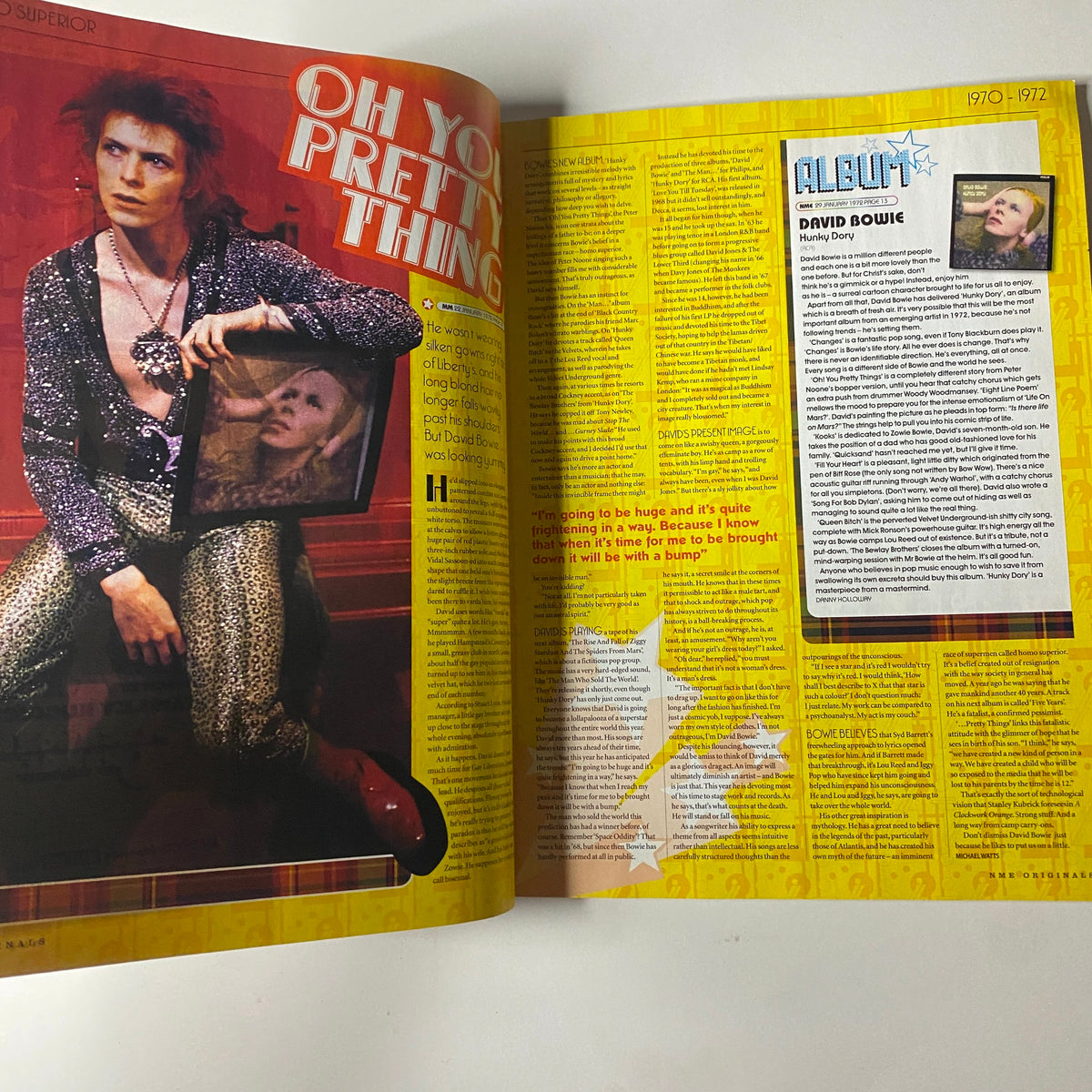 Inside view of Uncut Magazine Presents NME Originals Vol 1 Issue 15, showcasing an image of David Bowie and a music review, highlighting his impact during 1970-1972.